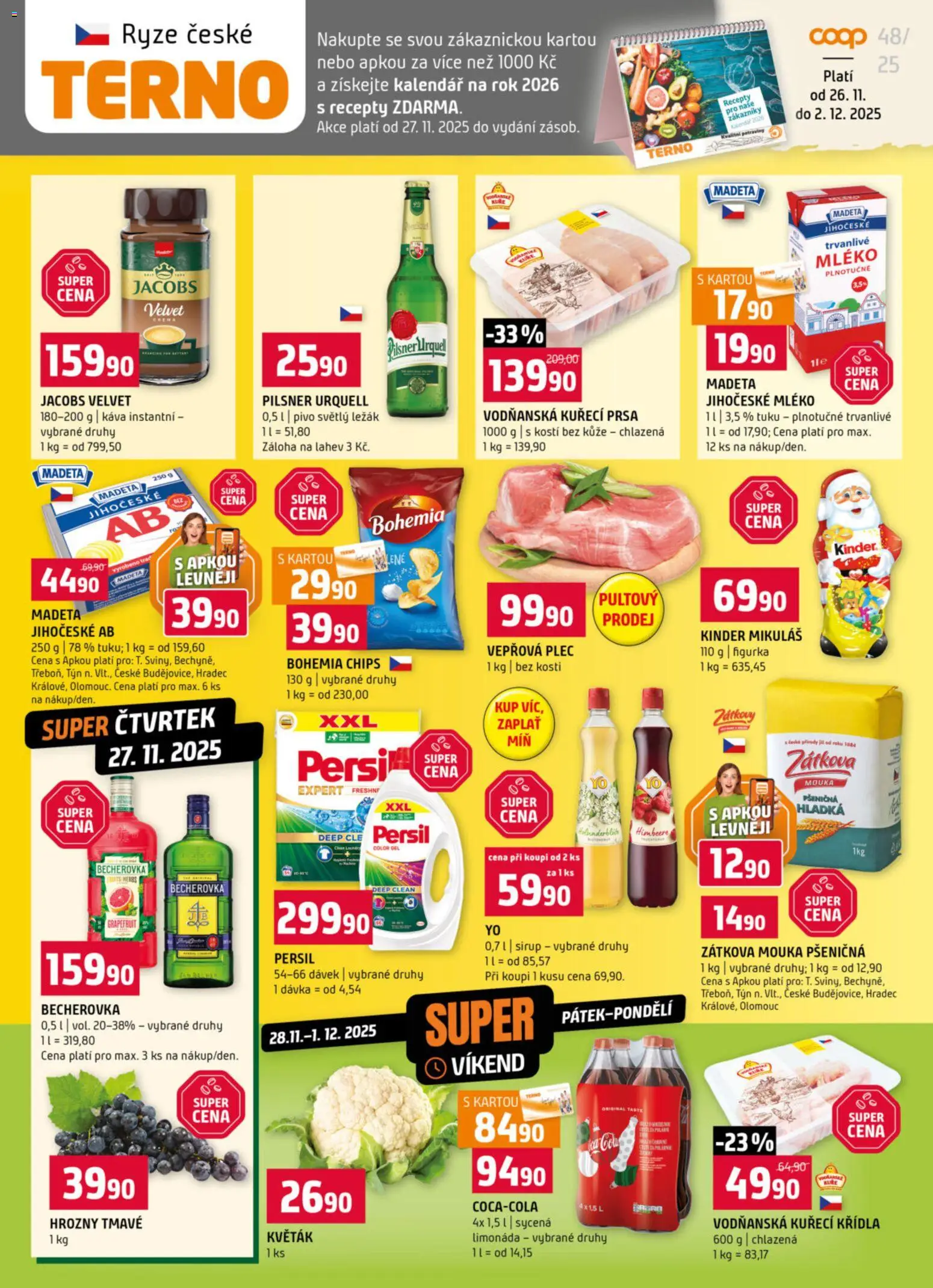 Terno leták - Blatná, Strakonice od 26.11.2025 | Strana: 1 | Produkty: Zátkova mouka, Kuřecí Křídla, Kinder, Láhev