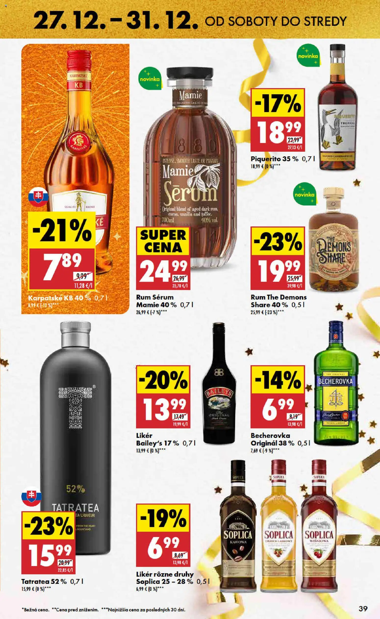 Nové Biedronka akcie – leták je platný od 27.12.2025 | Strana: 39 | Produkty: Becherovka, Rum, Baileys