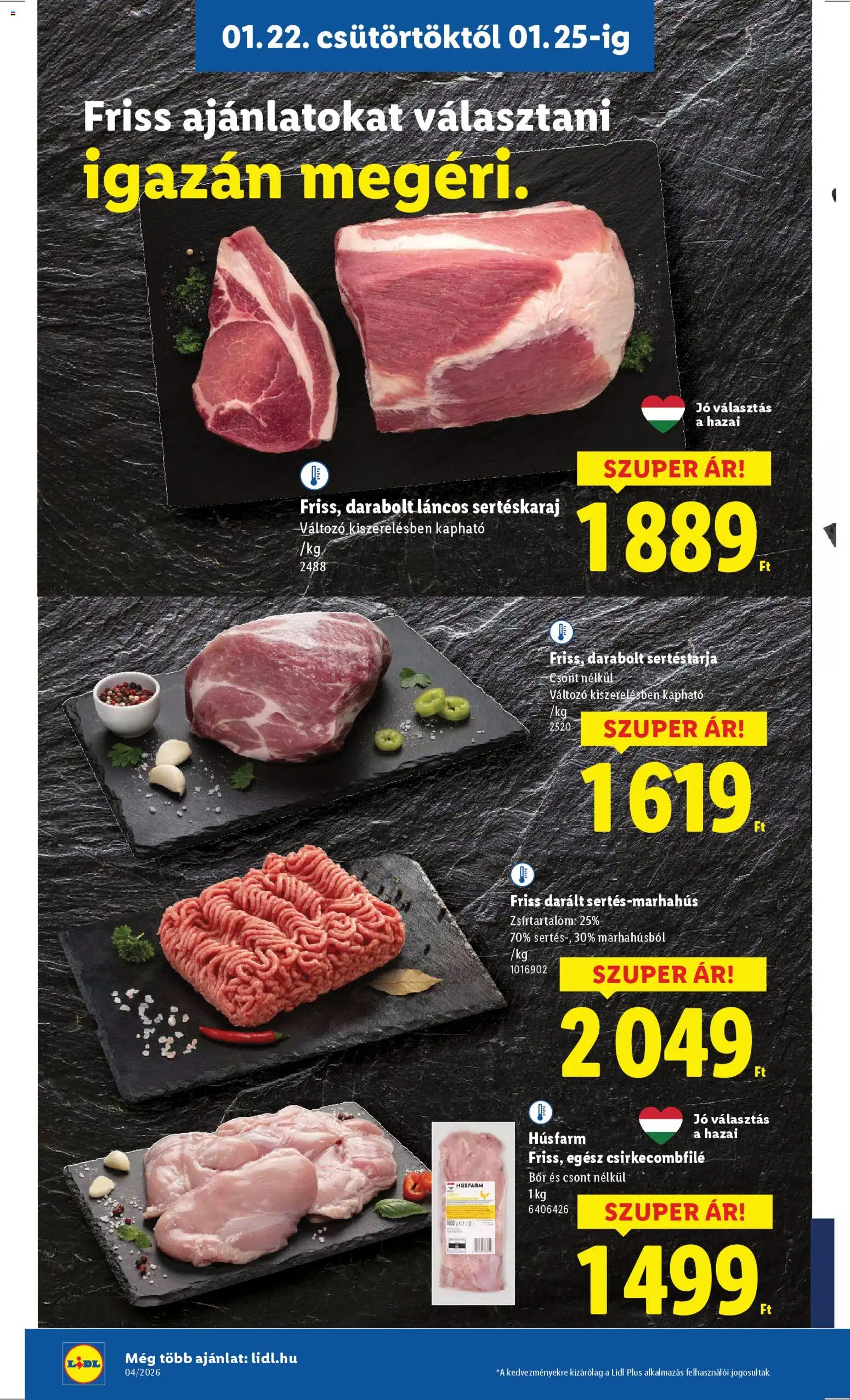 Lidl akciós ujság - amely érvényes a következő dátumtól: 22.01.2026 | Oldal: 4 | Termékek: Sertéstarja, Sertéskaraj, Csirkecombfile, Bor