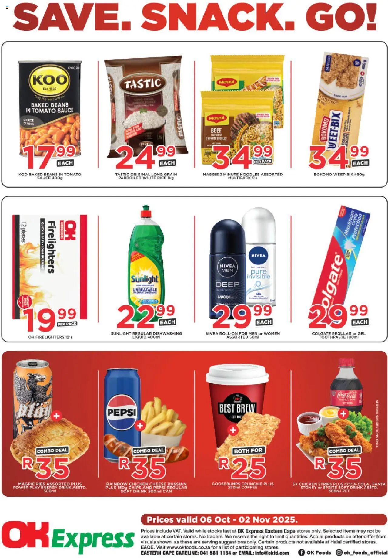 New OK Foods catalogue – valid from 06.10.2025 | Page: 2 | Products: Beans, Rice, Noodles, Sprite