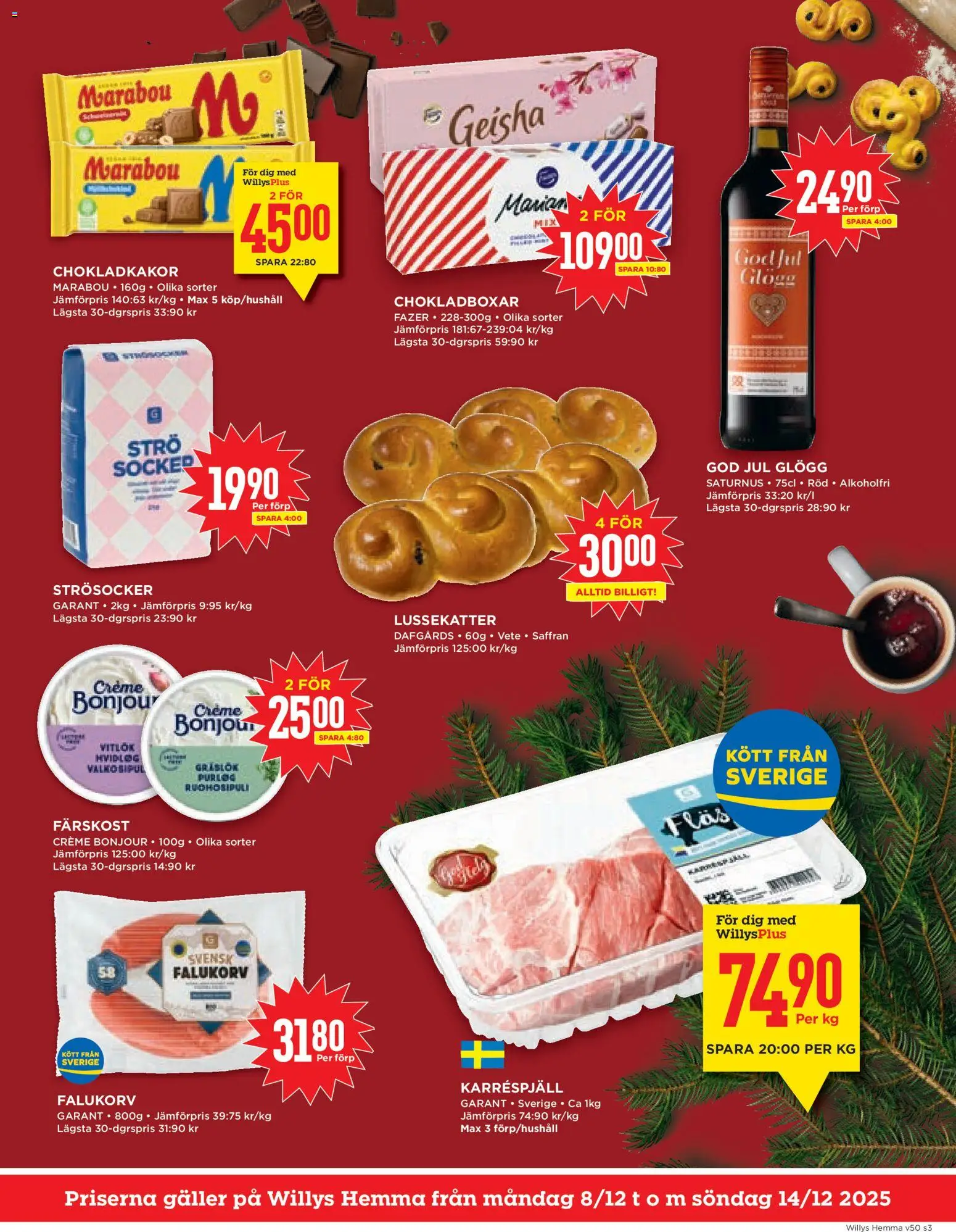 Willys reklamblad aktuell från 08.12.2025 | Sida: 3 | Produkter: Galler, Falukorv, Saffran, Vitlök