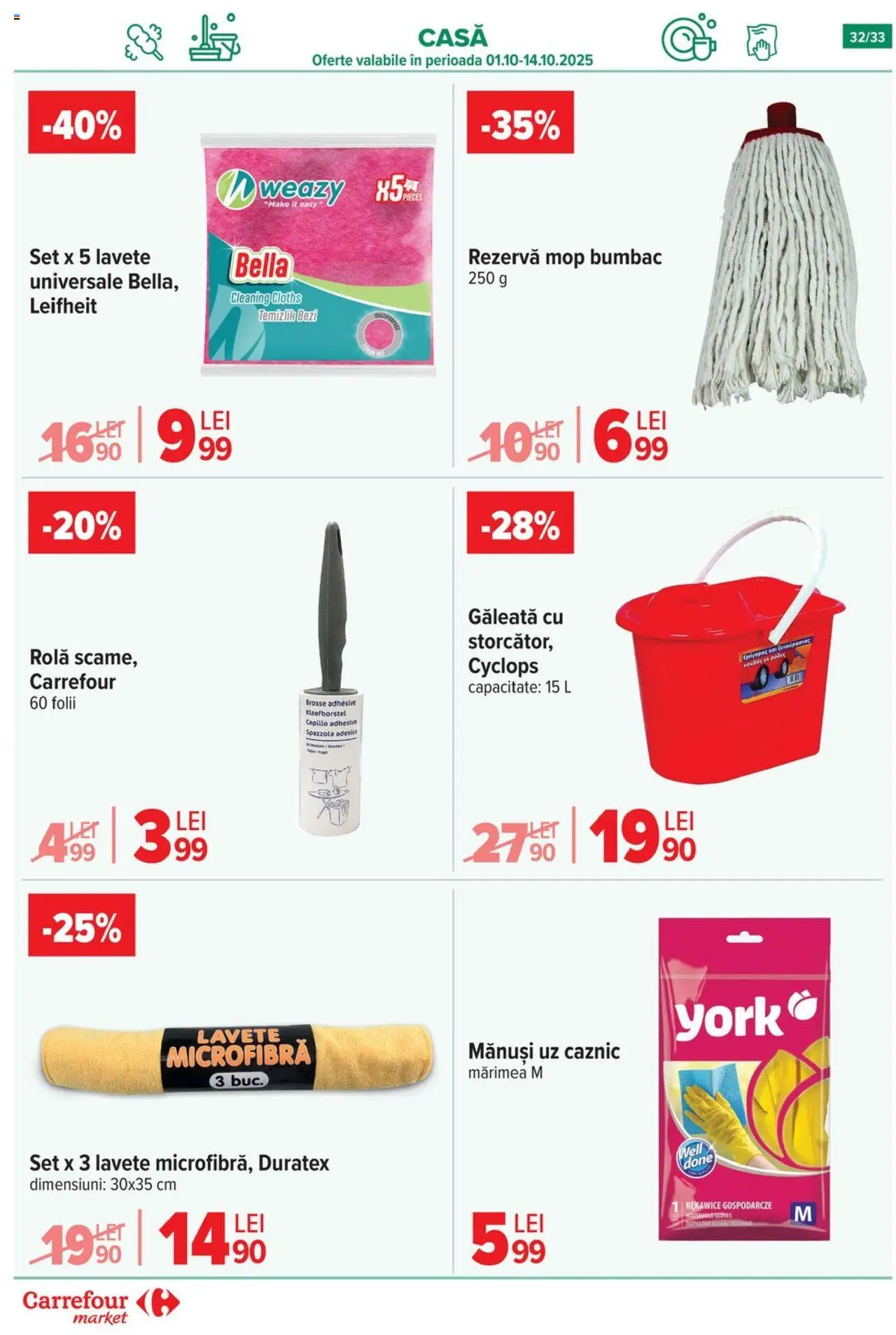 Noul catalog Carrefour – valabil de la 01.10.2025 | Pagină: 33 | Produse: Mănuși, Mop, Lavete
