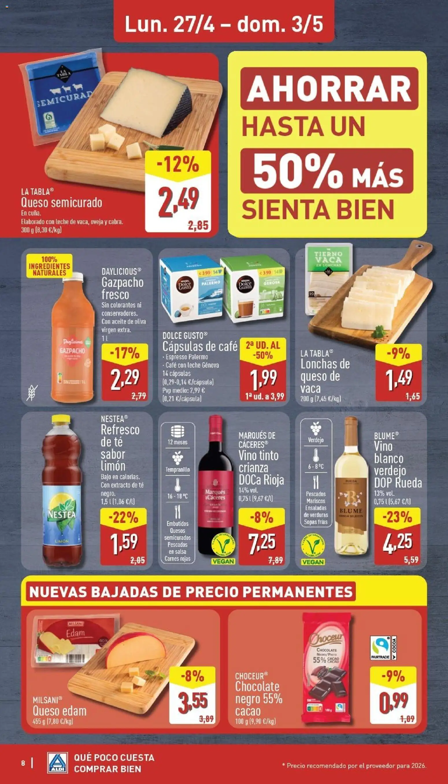 Aldi folleto Península │ válido desde el 27.04.2026 | Página: 8 | Productos: Leche, Queso, Vino, Aceite de oliva