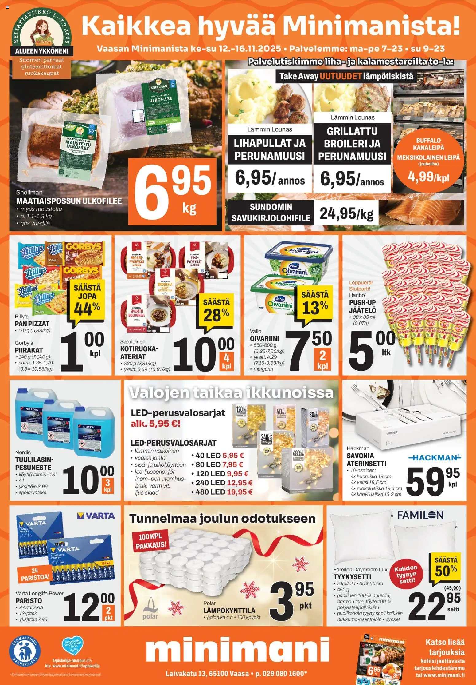 Minimani Tarjoukset - Vaasa – voimassa 12.11.2025 alkaen | Sivu: 1 | Tuotteet: Jauheliha, Spagetti, Pesuneste, Haarukka