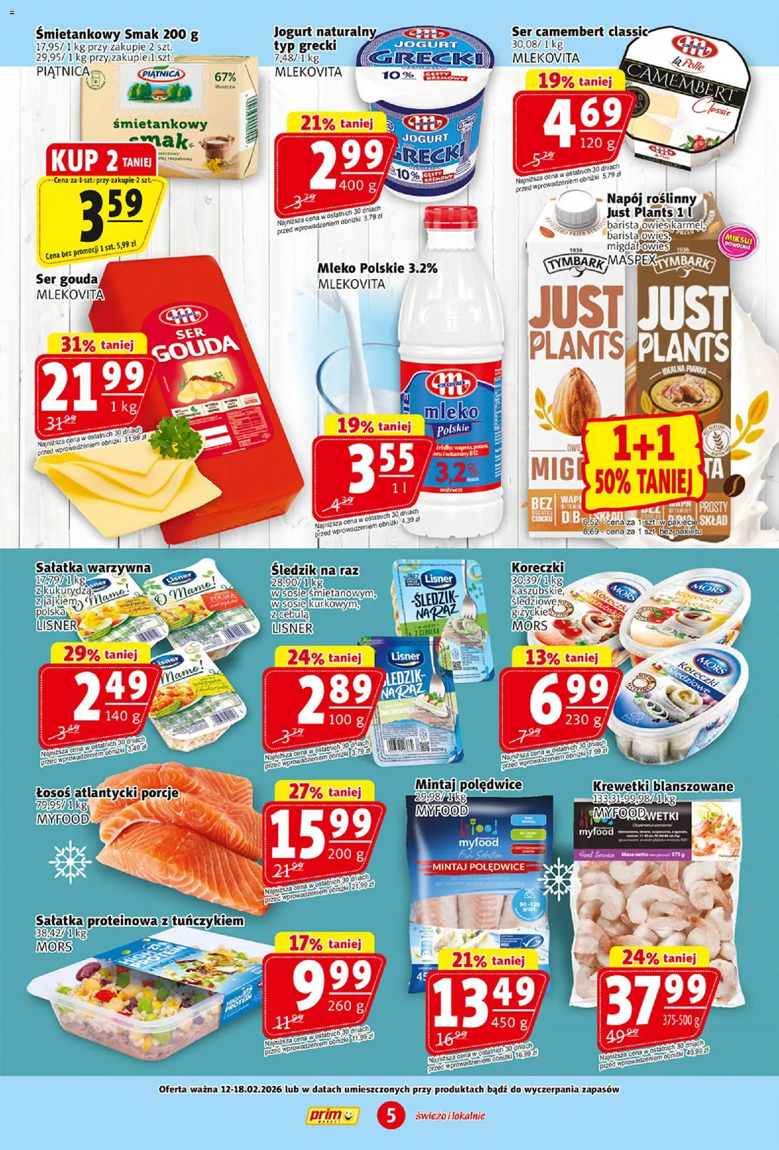Prim Market Gazetka od 12.02.2026 | Strona: 5 | Produkty: Jogurt grecki, Krewetki, Mleko, Sałatka