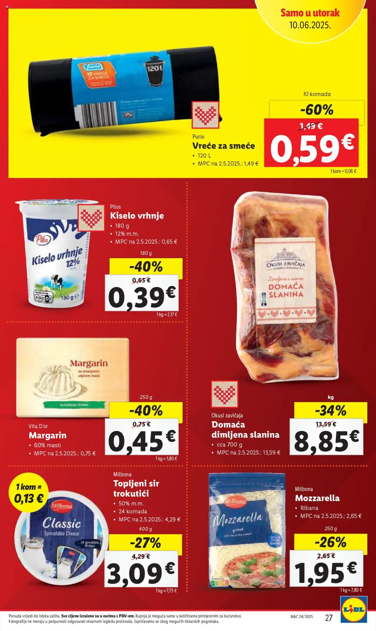 Lidl katalog | vrijedi od 09.06.2025 | Stranica: 27 | Proizvodi: Sir, Margarin, Kiselo vrhnje, Slanina