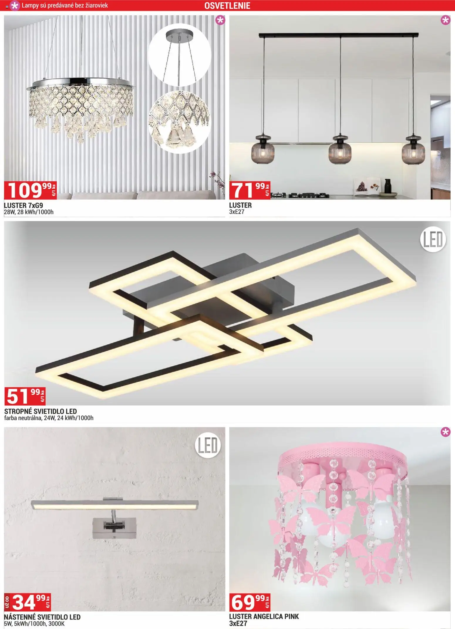Nové Merkury Market akcie – leták je platný od 02.01.2026 | Strana: 16 | Produkty: Osvetlenie, Nástenné svietidlo, Stropné svietidlo, Luster