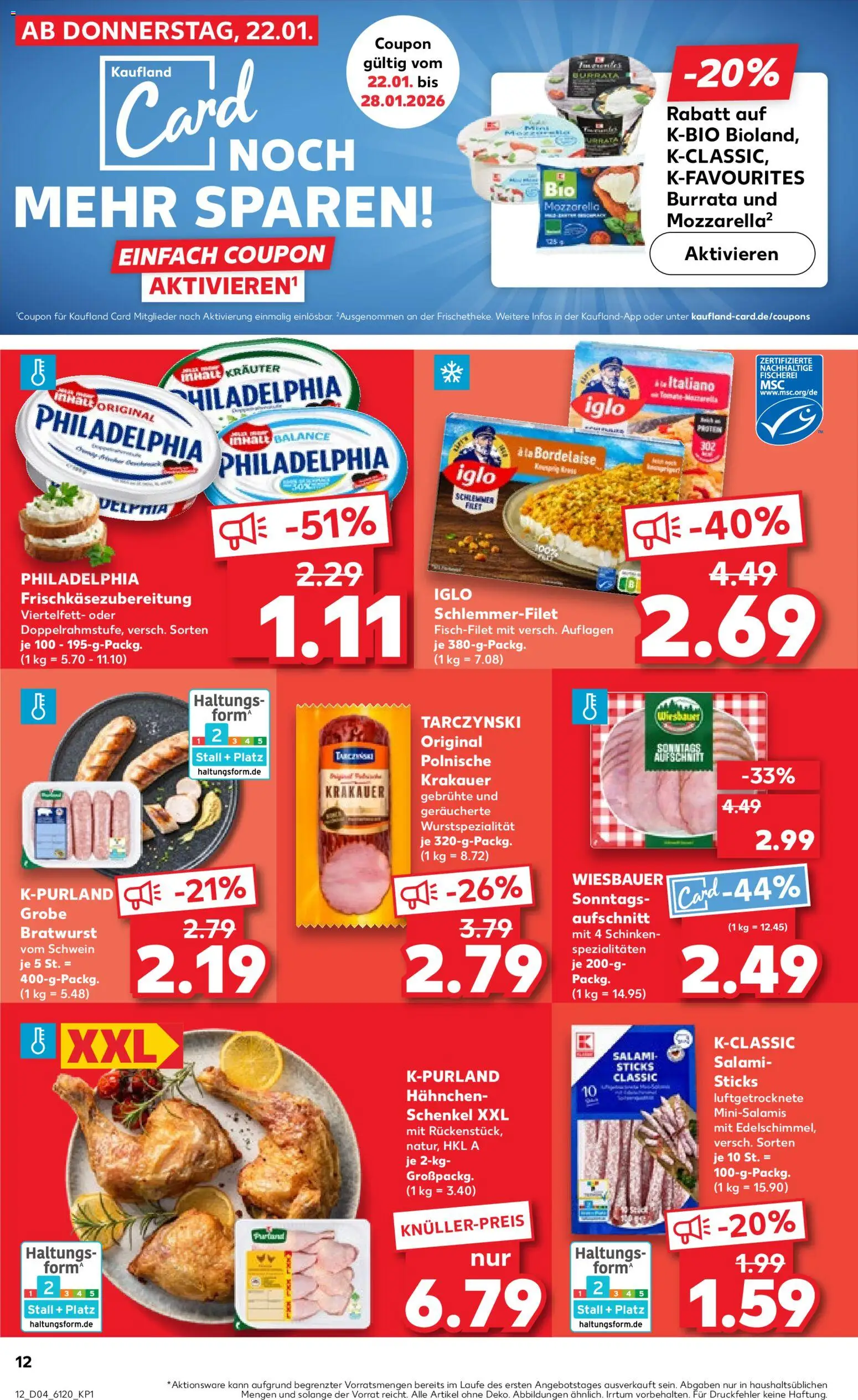 Kaufland prospekt Bremen	 – gültig ab 25.01.2026 | Seite: 12 | Produkte: Philadelphia, Iglo, Bratwurst, Salami