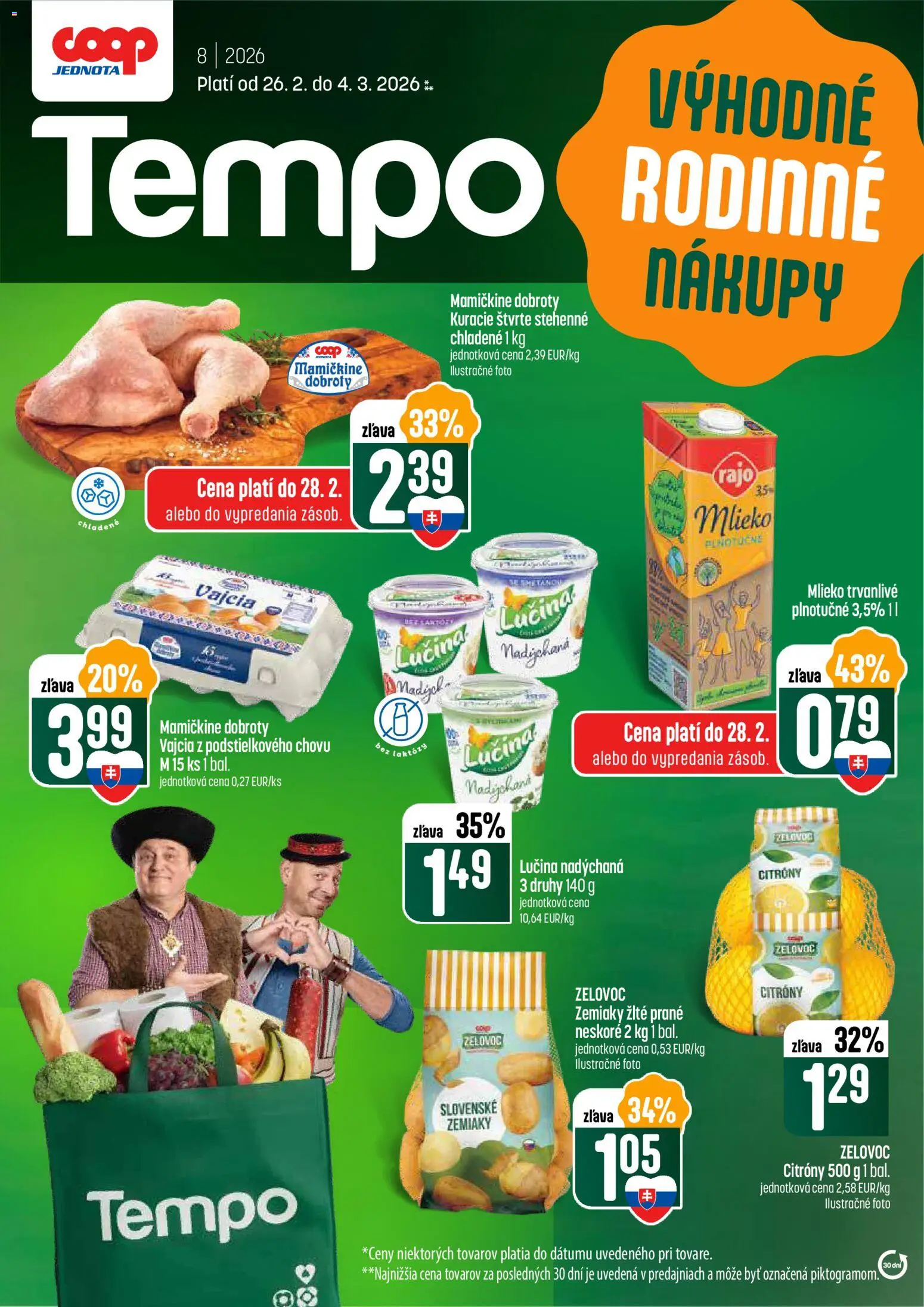 Nové COOP Jednota akcie – leták je platný od 26.02.2026 | Strana: 1 | Produkty: Mlieko, Vajcia, Citróny, Zemiaky