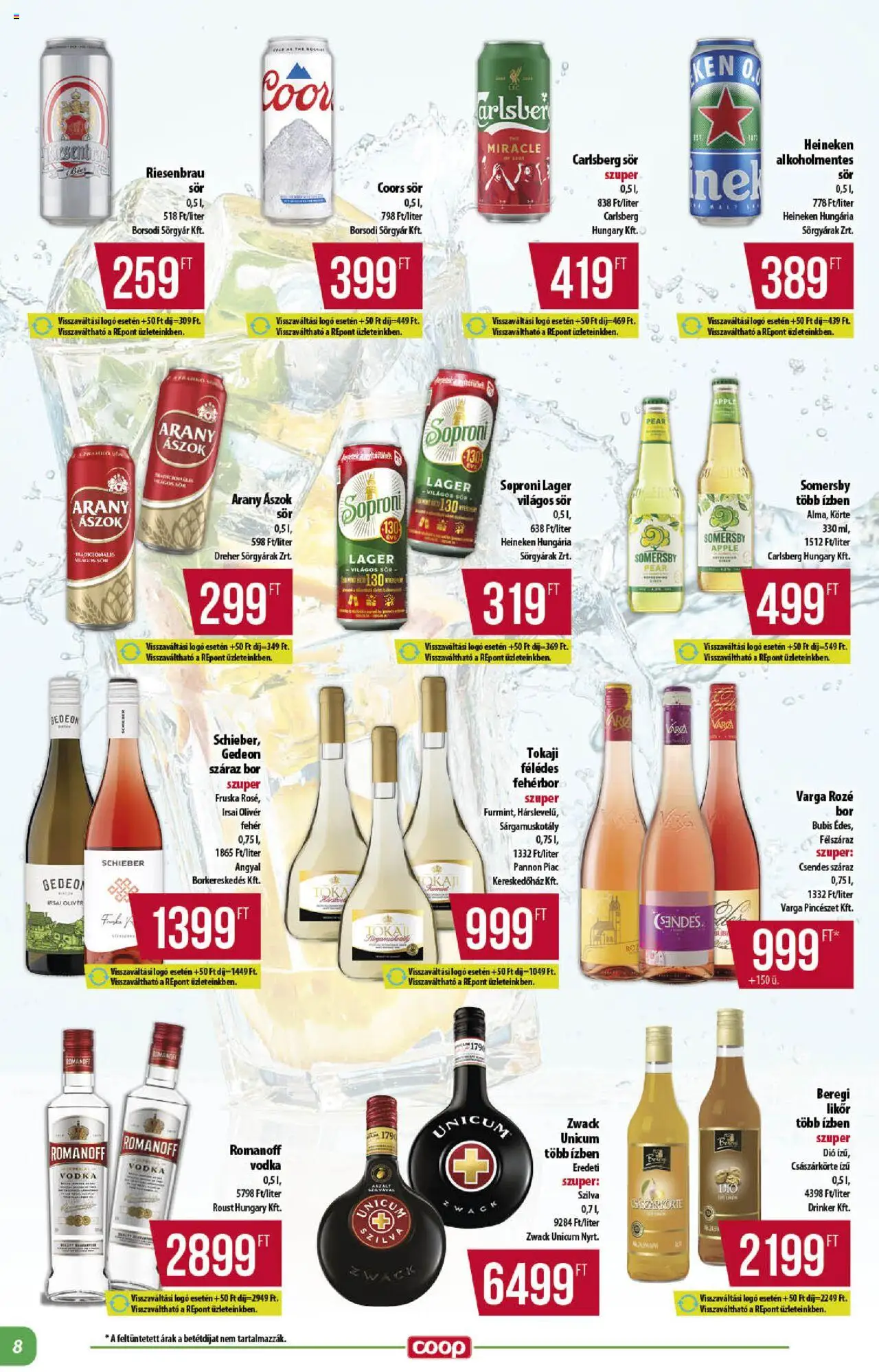 COOP akciós ujság - amely érvényes a következő dátumtól: 14.08.2025 | Oldal: 8 | Termékek: Guarana, Sör, Fehérbor, Vodka