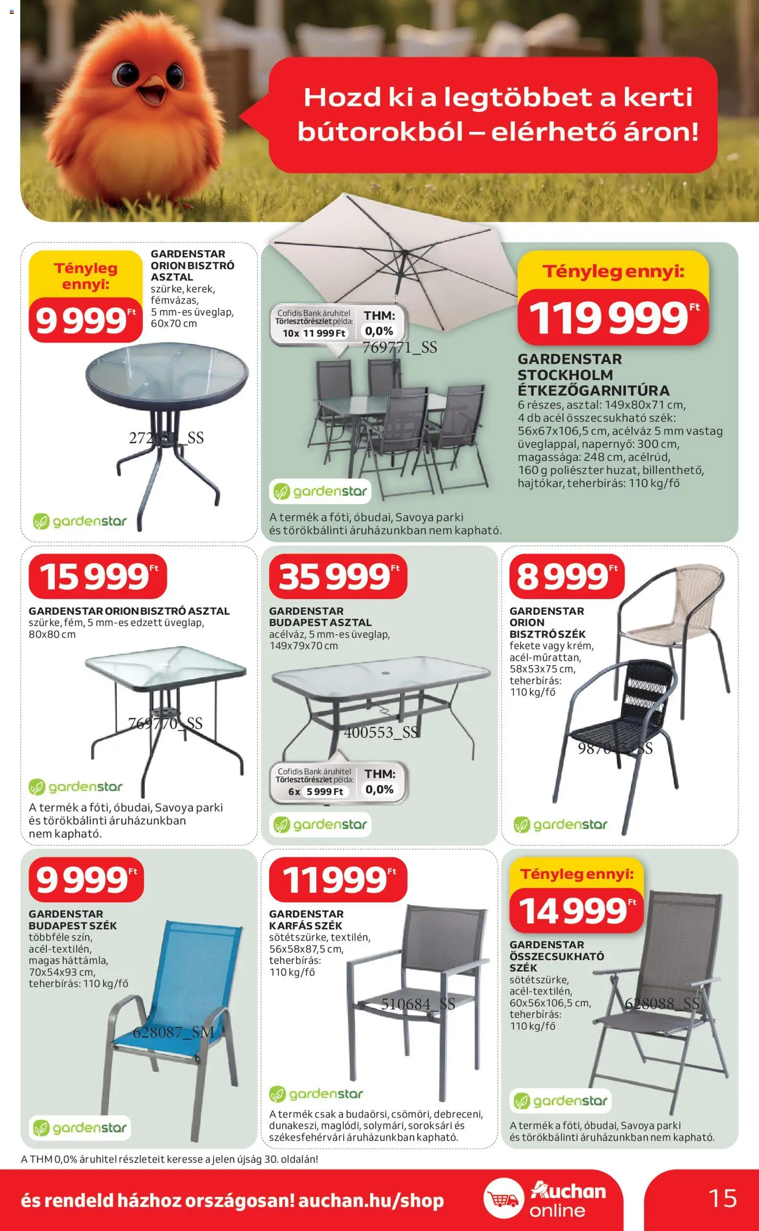 Auchan akciós ujság - amely érvényes a következő dátumtól: 05.03.2026 | Oldal: 15 | Termékek: Asztal, Szék, Napernyő