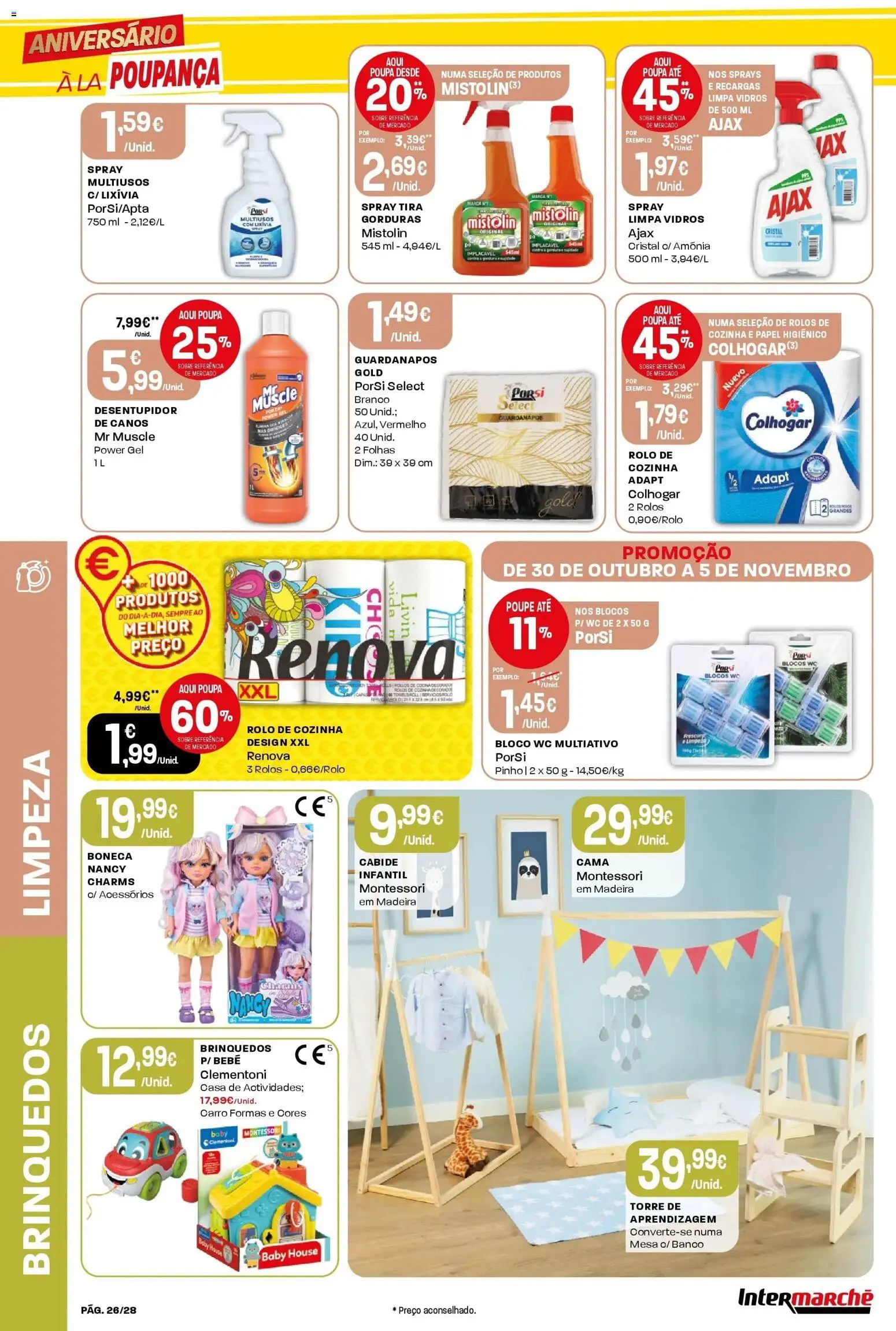 Intermarché - Aniversário à la poupança. │ válido de 30.10.2025 | Página: 26 | Produtos: Banco, Torre de aprendizagem, Guardanapos, Cabide