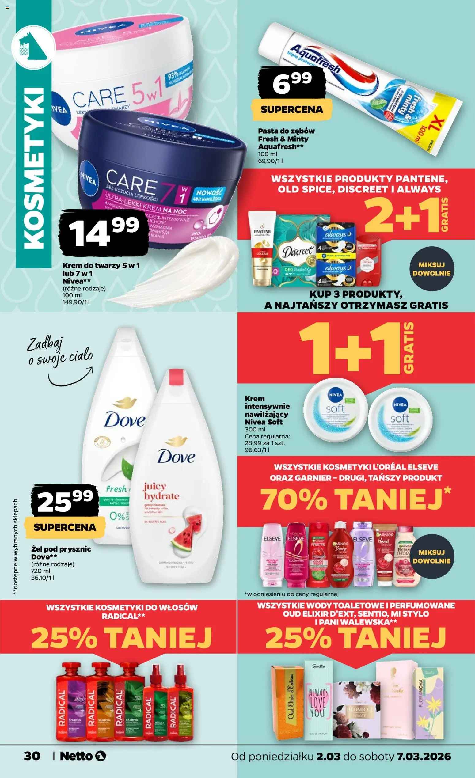 Netto gazetka od poniedziałku spożywcza od 02.03.2026 | Strona: 30 | Produkty: Prysznic, Krem, Pasta do zębów, Krem do twarzy