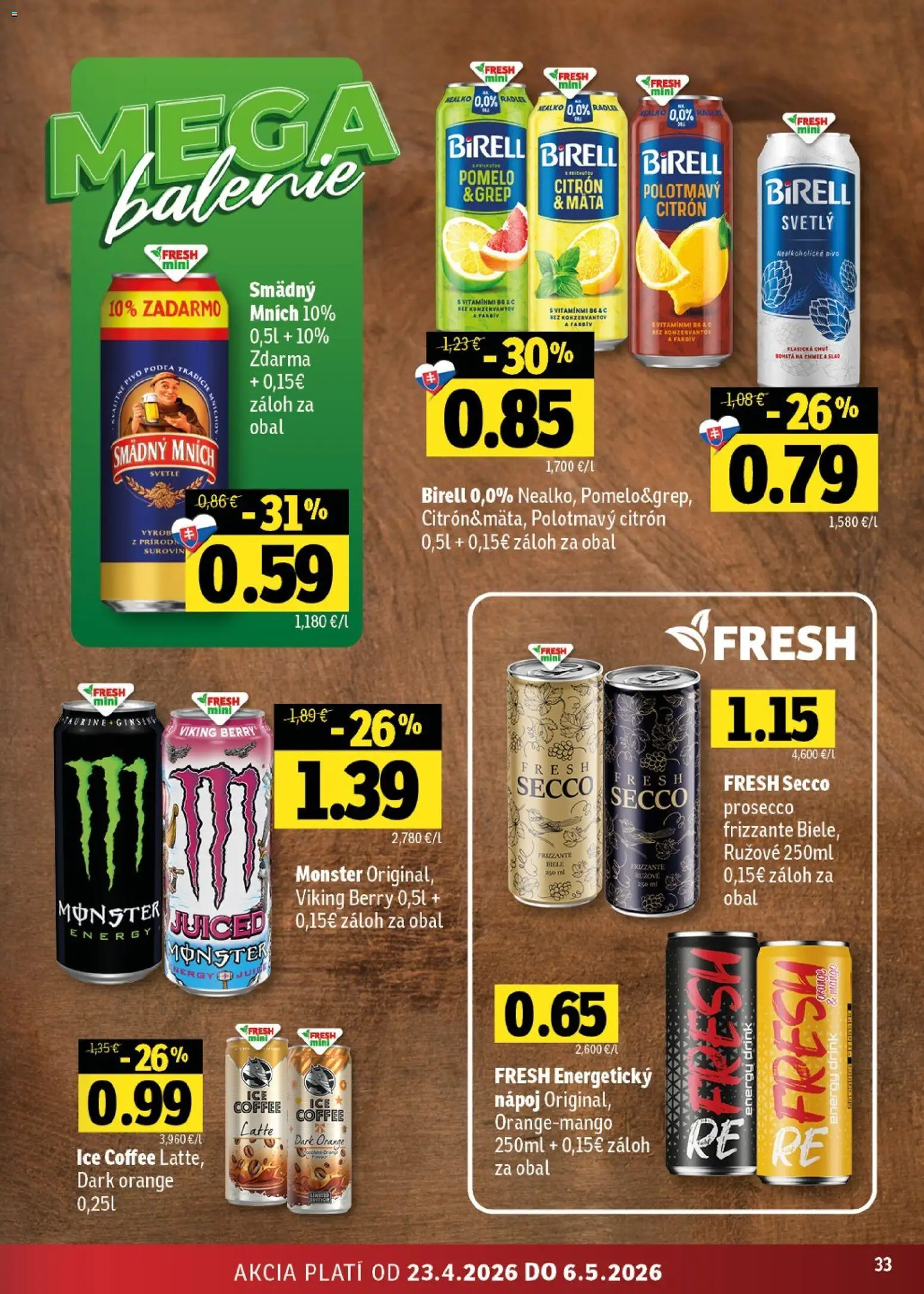 Nové Fresh akcie – leták je platný od 23.04.2026 | Strana: 33 | Produkty: Birell, Radler, Mango, Grep