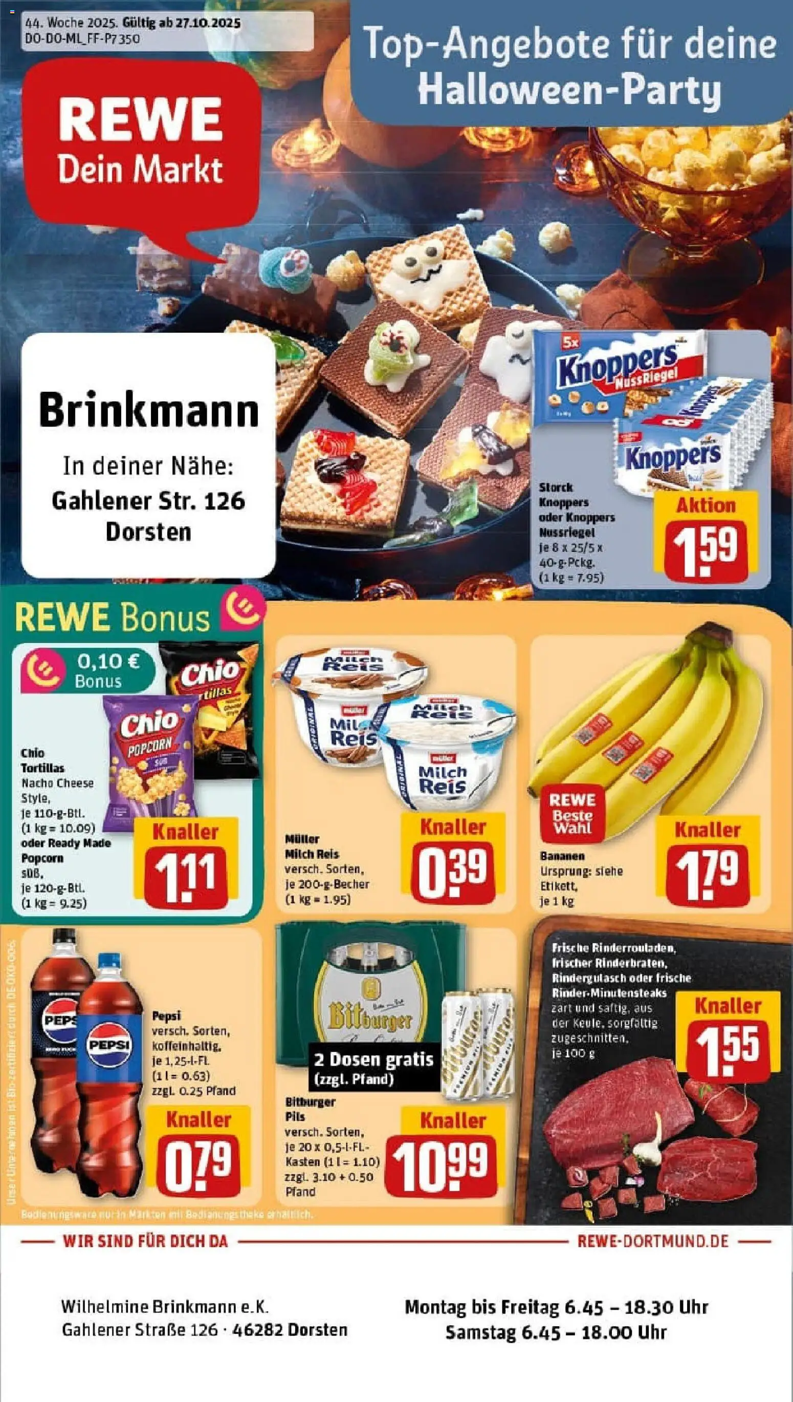 Rewe prospekt Dorsten	 – gültig ab 26.10.2025 | Seite: 1 | Produkte: Bitburger, Theke, Knoppers, Uhr