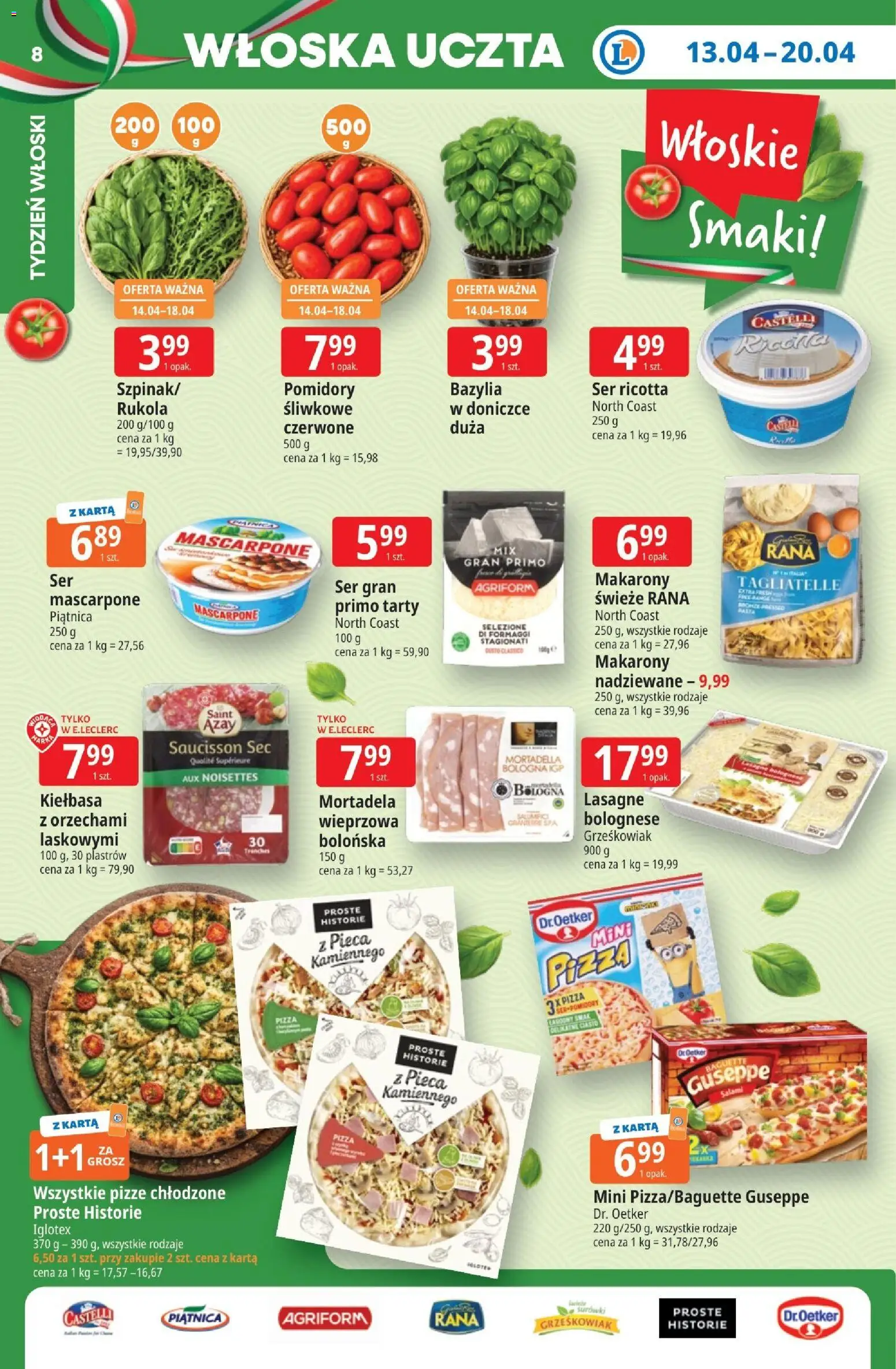 E.Leclerc gazetka - Elbląg od 13.04.2026 | Strona: 8 | Produkty: Kiełbasa, Karta, Ser, Tagliatelle