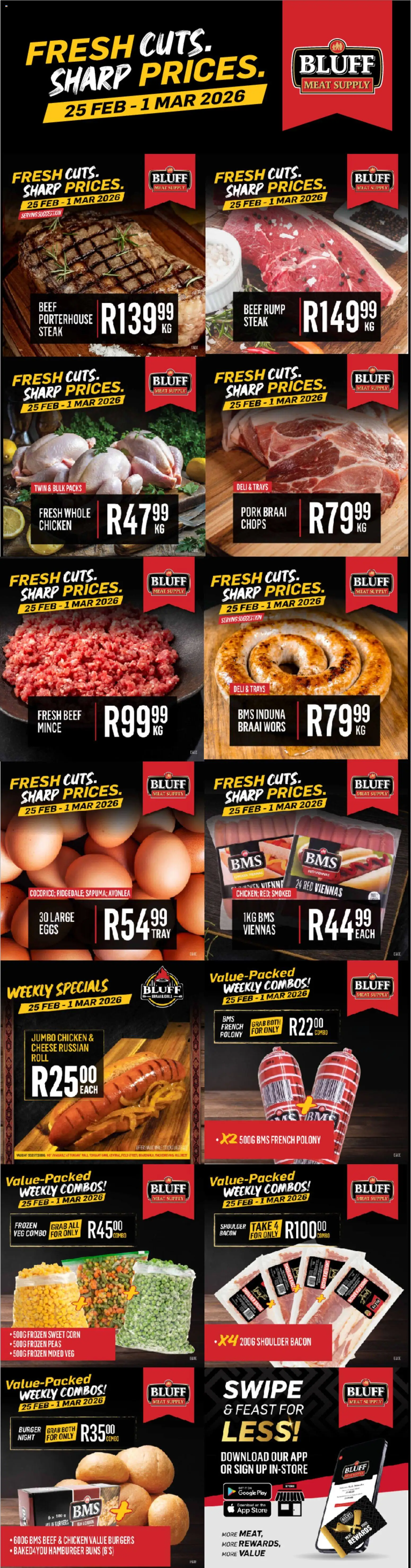 New Bluff Meat Supply catalogue – valid from 25.02.2026 | Page: 1 | Products: Grill, Polony, Burgers, Bacon