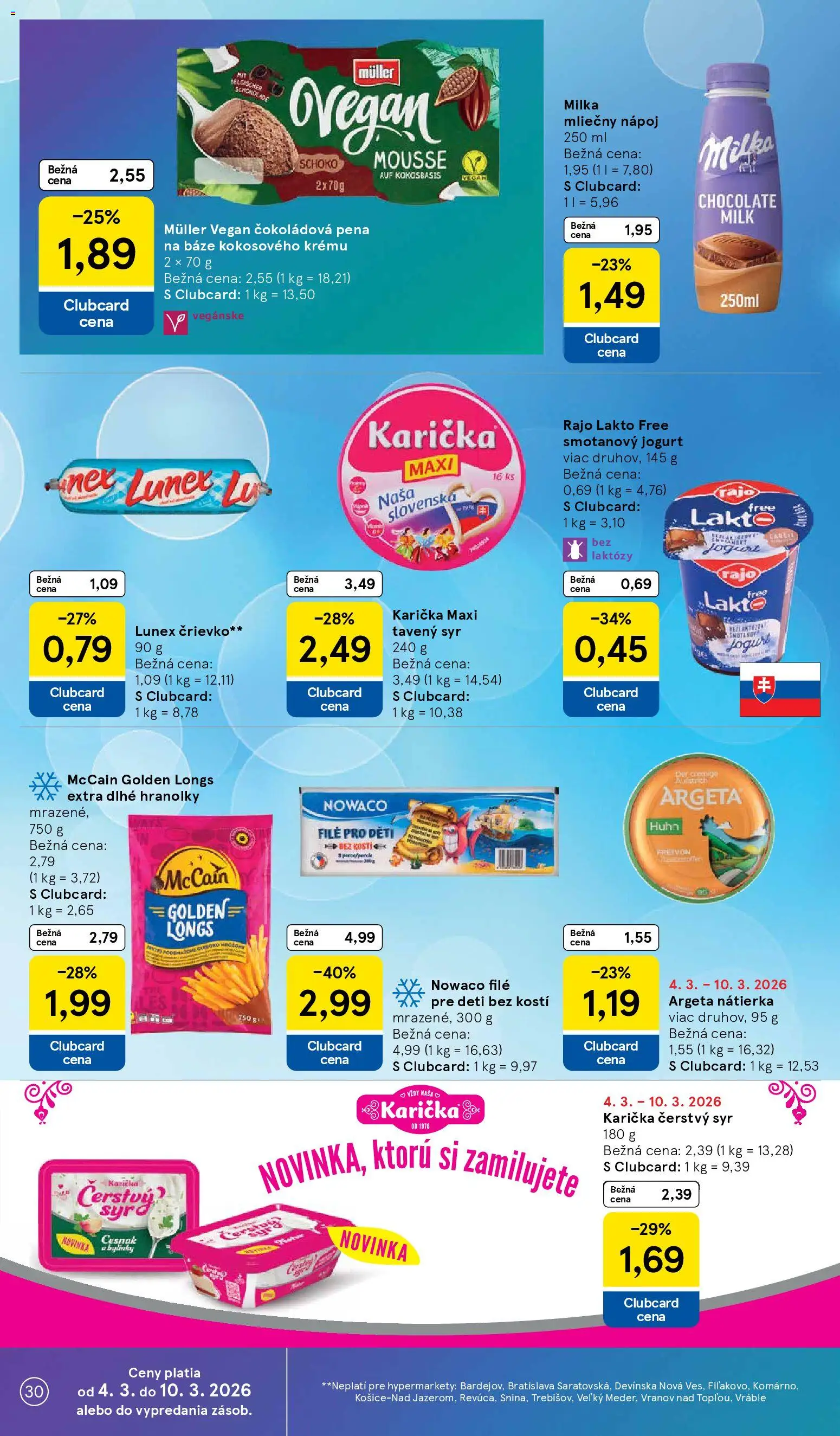 Nové Tesco akcie – leták je platný od 04.03.2026 | Strana: 30 | Produkty: Syr, Jogurt, Cesnak, Milka