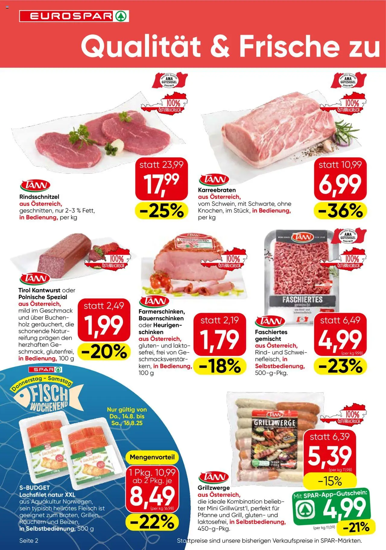 Eurospar Flugblatt gültig ab 14.08.2025 | Seite: 2 | Produkte: Schinken, Fisch