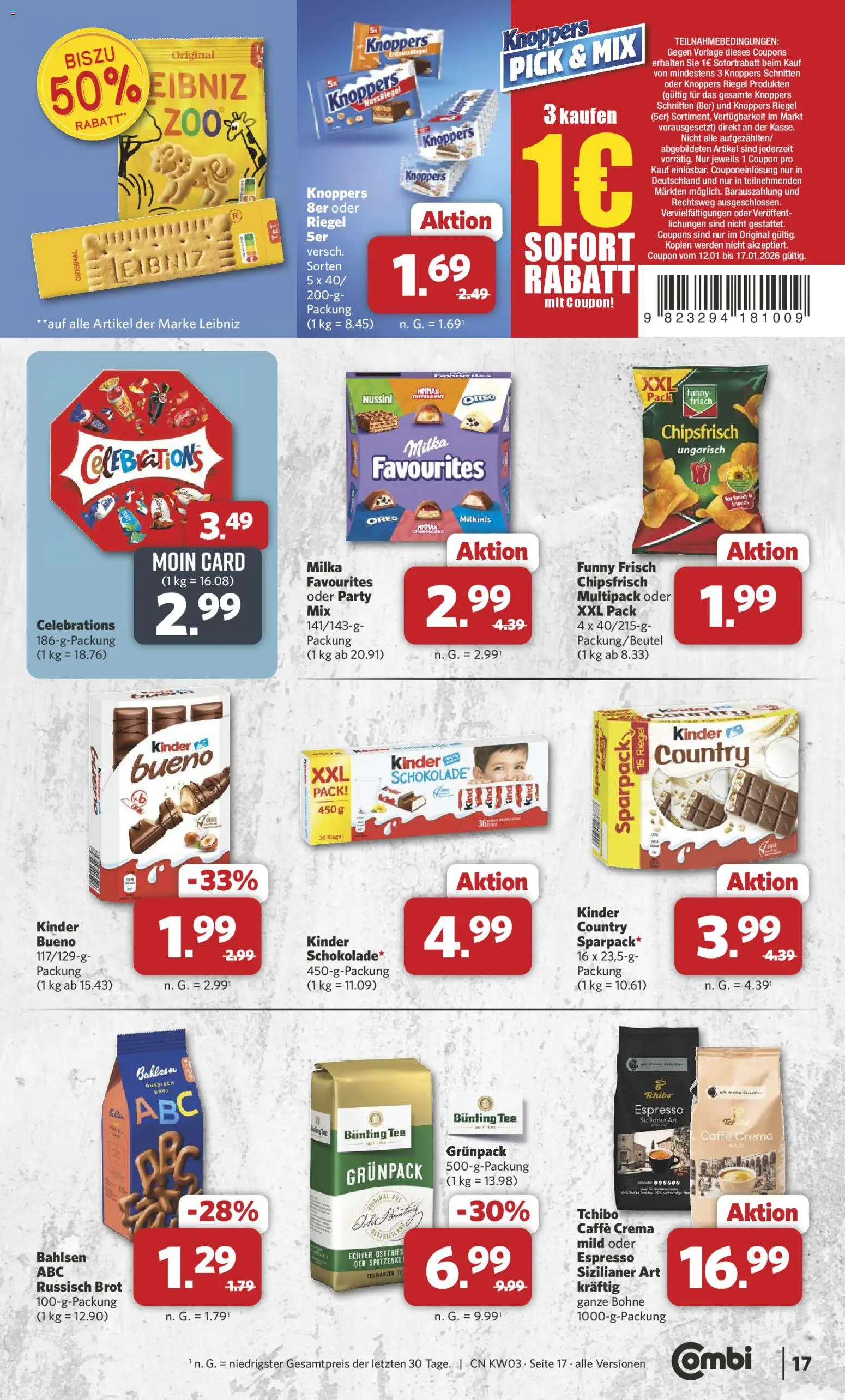 Combi Prospekt 	 – gültig ab 12.01.2026 | Seite: 17 | Produkte: Funny frisch, Celebrations, Brot, Kinder country