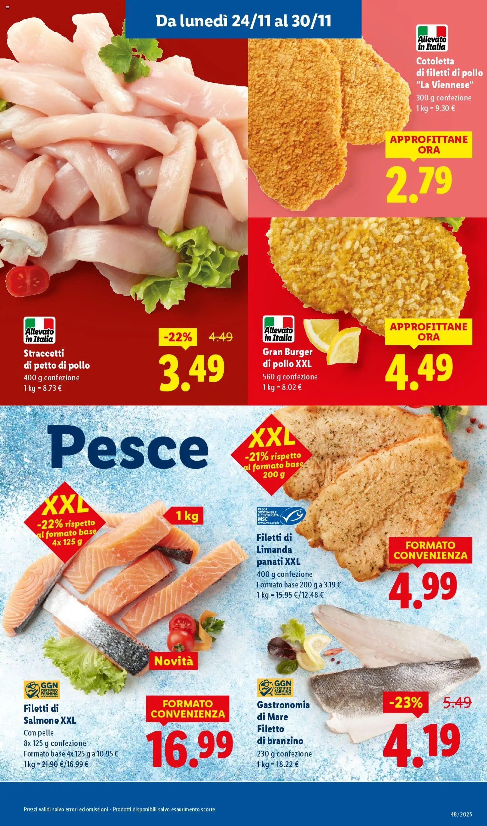 Volantino Lidl del 24.11.2025 | Pagina: 5 | Prodotti: Petto di Pollo, Salmone, Pesce, Pesca