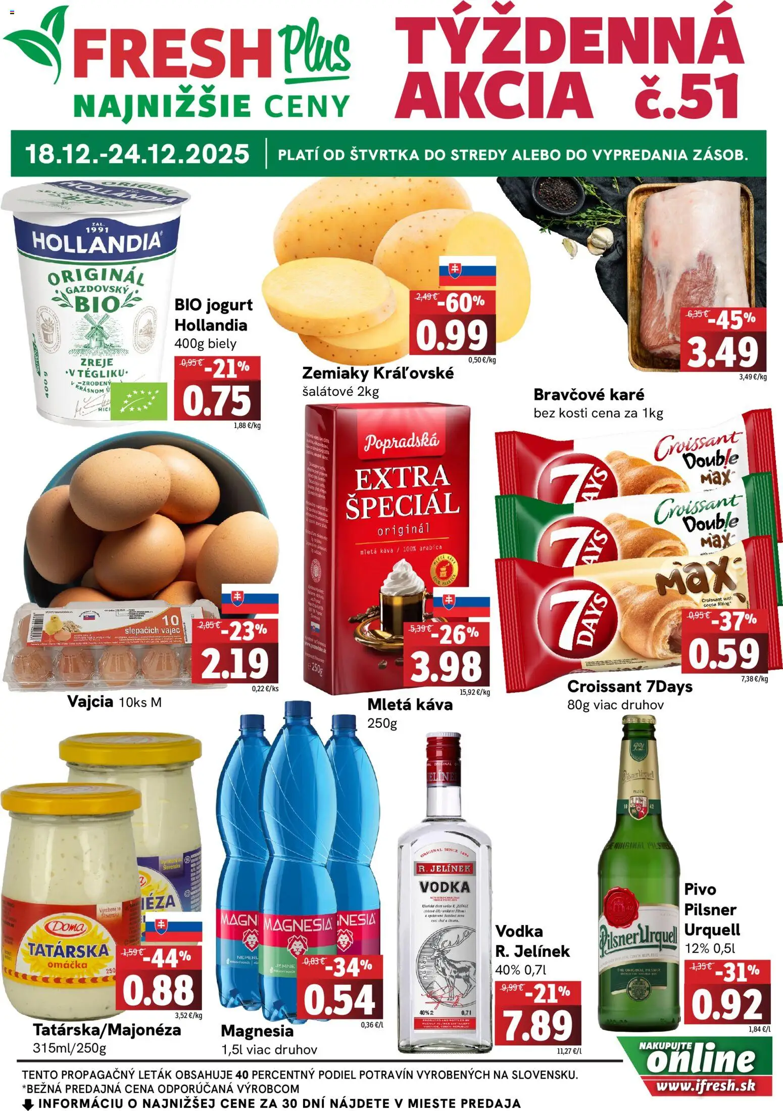 Nové Fresh akcie – leták je platný od 18.12.2025 | Strana: 1 | Produkty: Vajcia, Káva, Croissant, Bravčové karé