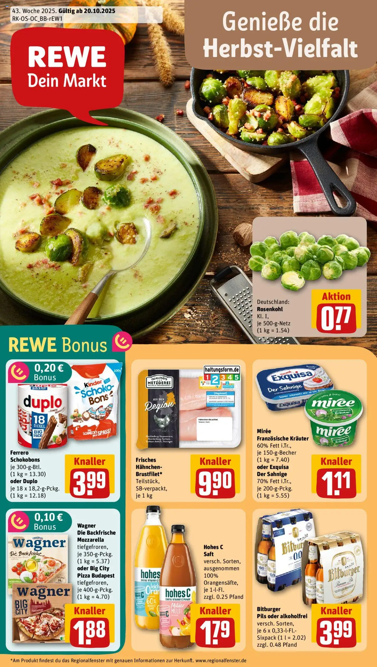 Rewe Prospekt 	 – gültig ab 20.10.2025 | Seite: 1 | Produkte: Hahnchen, Mozzarella, Exquisa, Saft