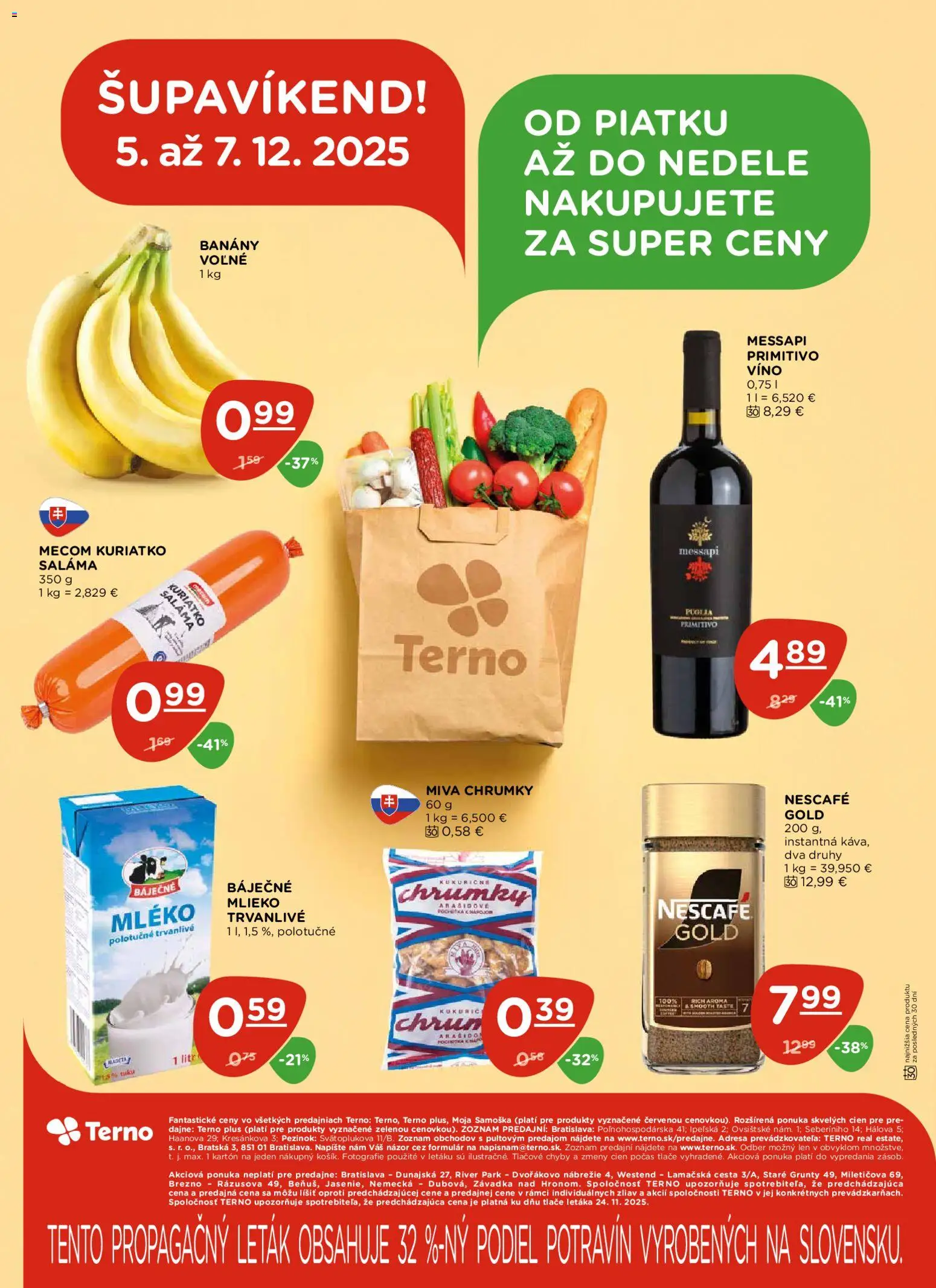 Nové Terno akcie – leták je platný od 04.12.2025 | Strana: 24 | Produkty: Mlieko, Saláma, Víno, Banány
