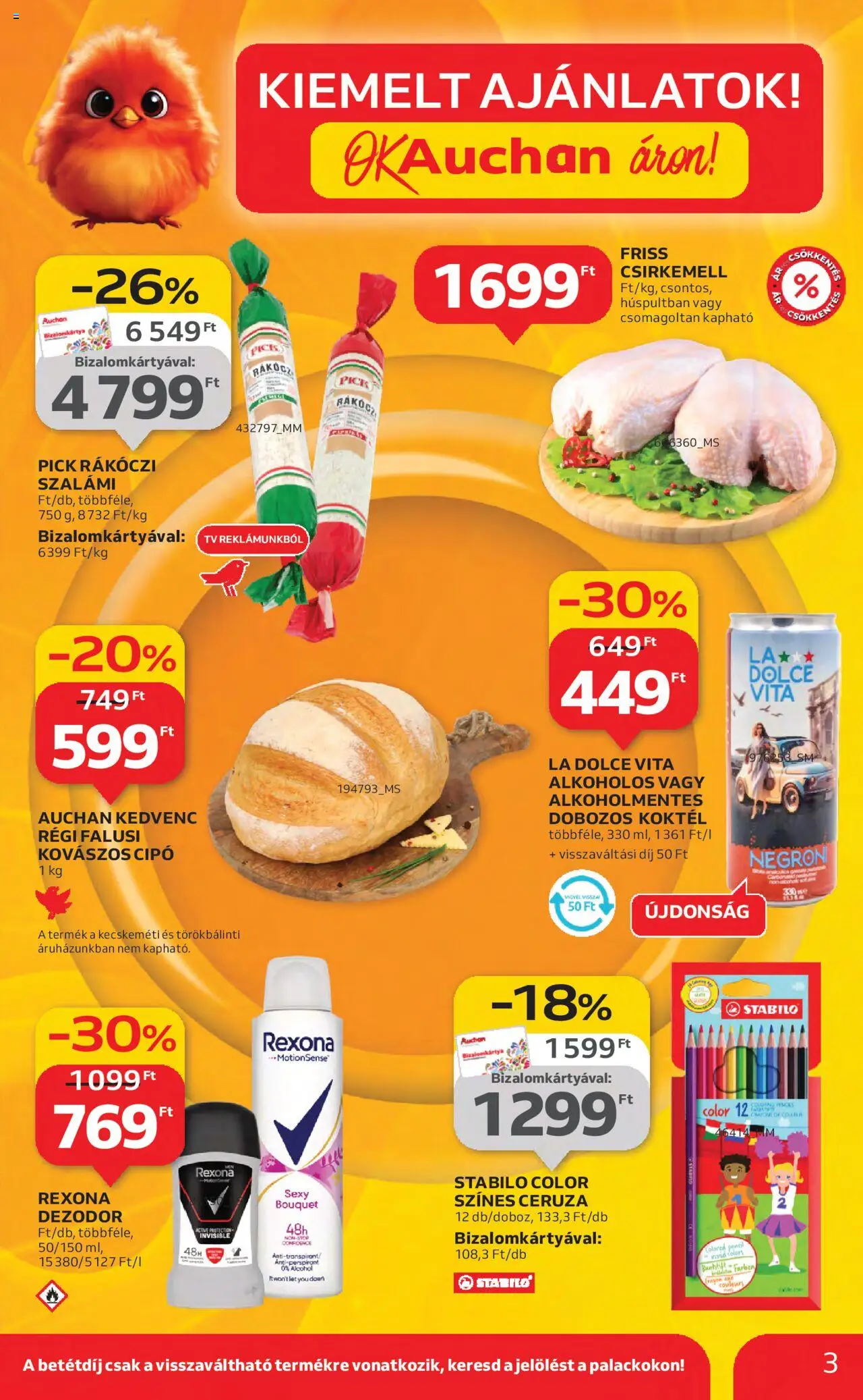 Auchan akciós ujság - amely érvényes a következő dátumtól: 21.08.2025 | Oldal: 3 | Termékek: Rákóczi szalámi, Pick, Szalámi, Csirkemell