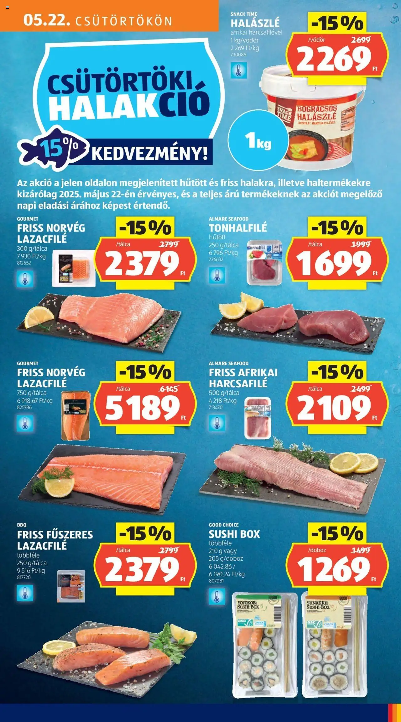 Aldi akciós ujság - amely érvényes a következő dátumtól: 29.05.2025 | Oldal: 7 | Termékek: Lazacfilé, Afrikai harcsafilé, Sushi, Halászlé