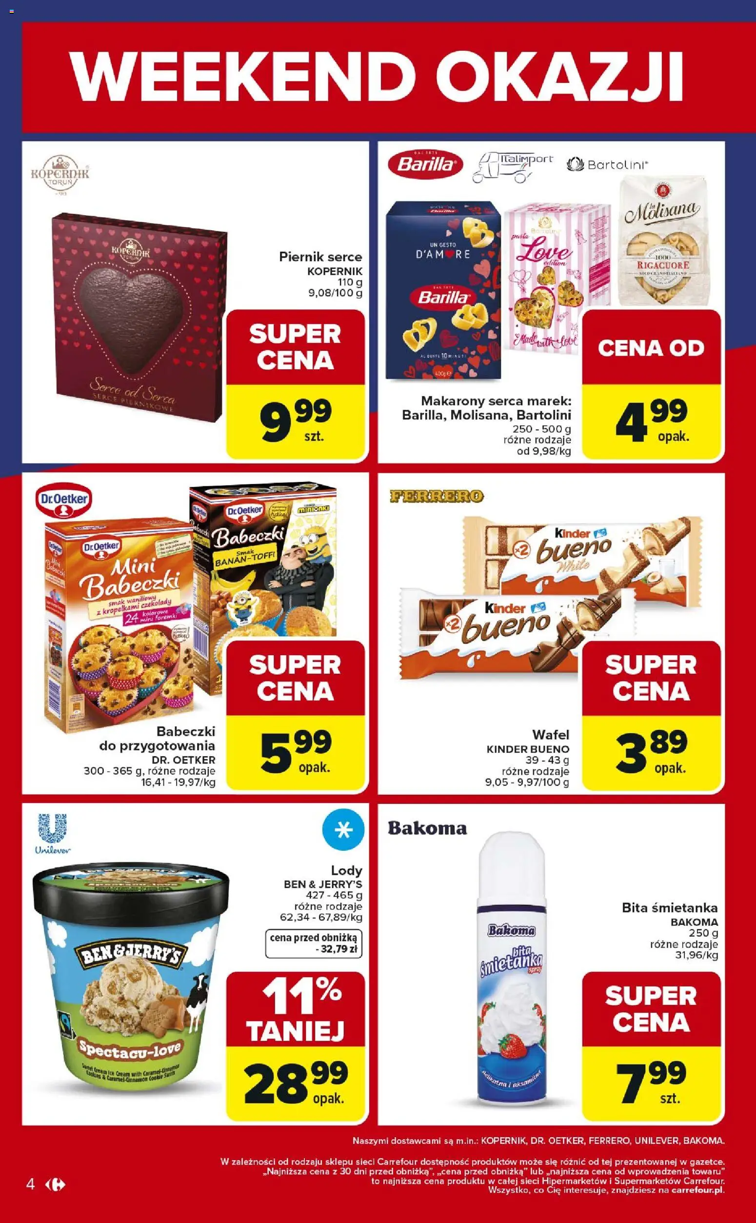 Carrefour Gazetka - Weekend okazji od 12.02.2026 | Strona: 4 | Produkty: Czekolady, Kinder Bueno, Makarony, Lody