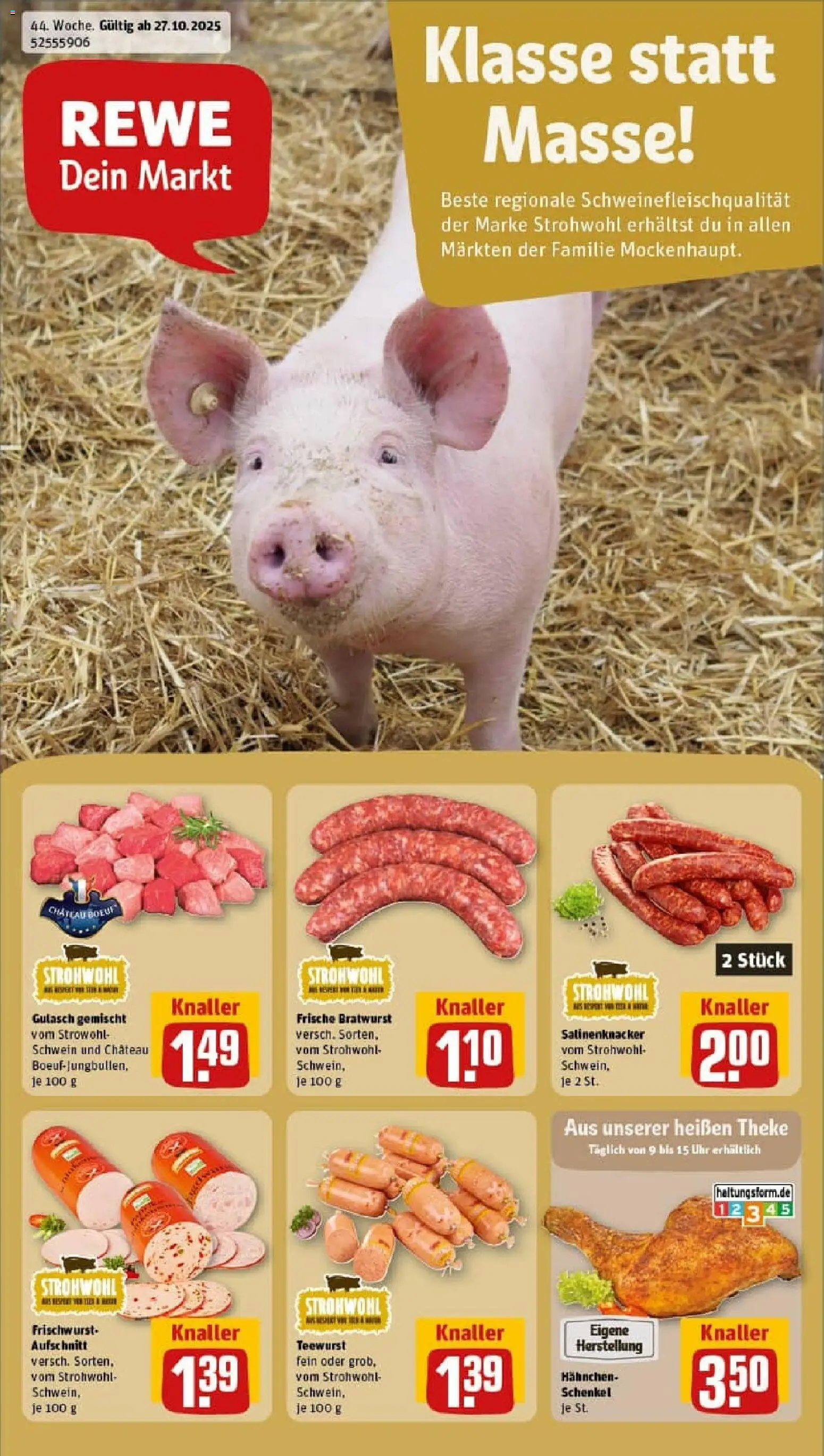 Rewe prospekt Siegen / Wittgenstein	 – gültig ab 26.10.2025 | Seite: 1 | Produkte: Hahnchen, Theke, Gulasch, Uhr