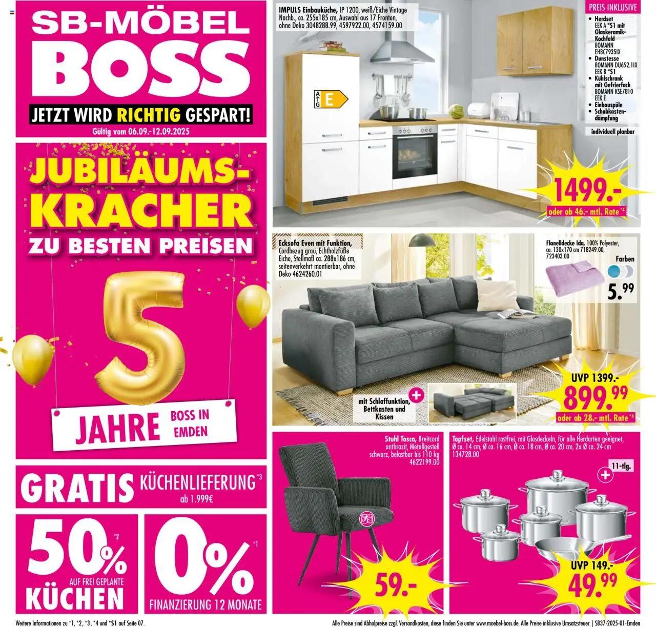 SB Möbel Boss Prospekt Emden	 – gültig ab 06.09.2025 | Seite: 1 | Produkte: Ecksofa, Kissen, Kühlschrank, Kochfeld
