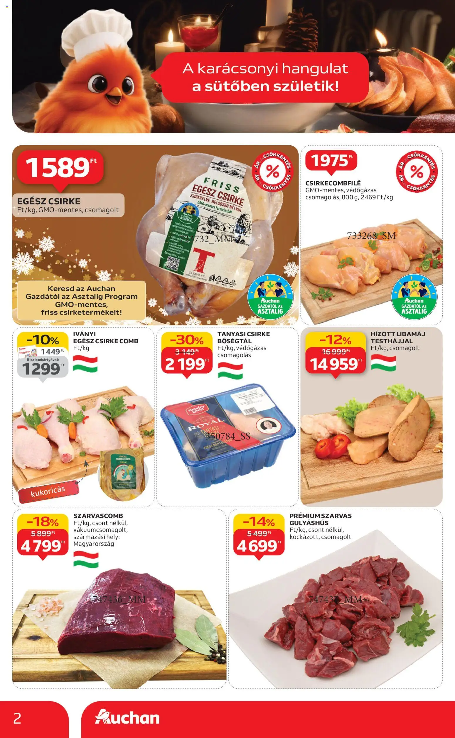 Auchan akciós ujság - amely érvényes a következő dátumtól: 20.11.2025 | Oldal: 2 | Termékek: Libamáj, Egész csirke, Csirkecombfile, Tanyasi csirke