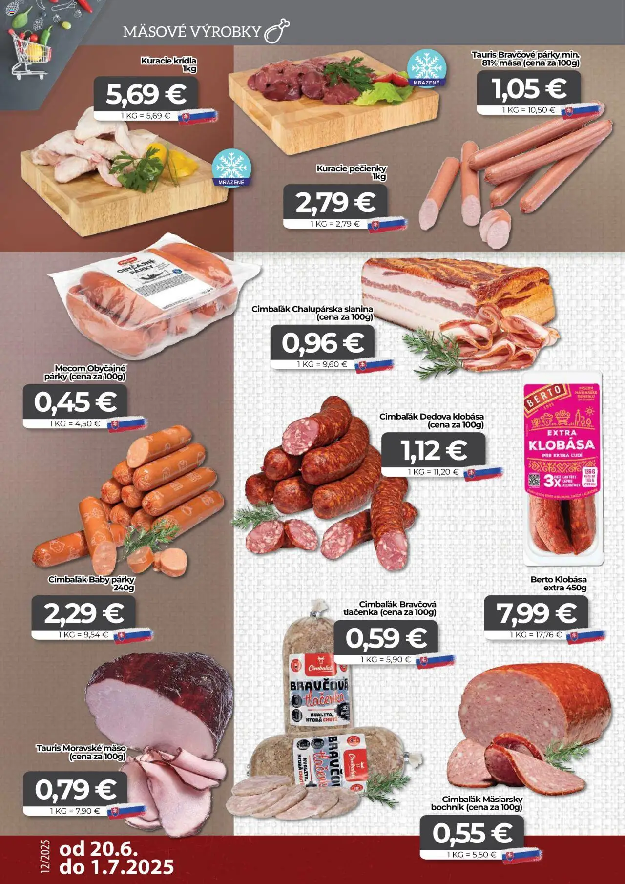 CBA Komfos leták │ platný od 20.06.2025 | Strana: 2 | Produkty: Slanina, Klobása, Párky, Kuracie krídla
