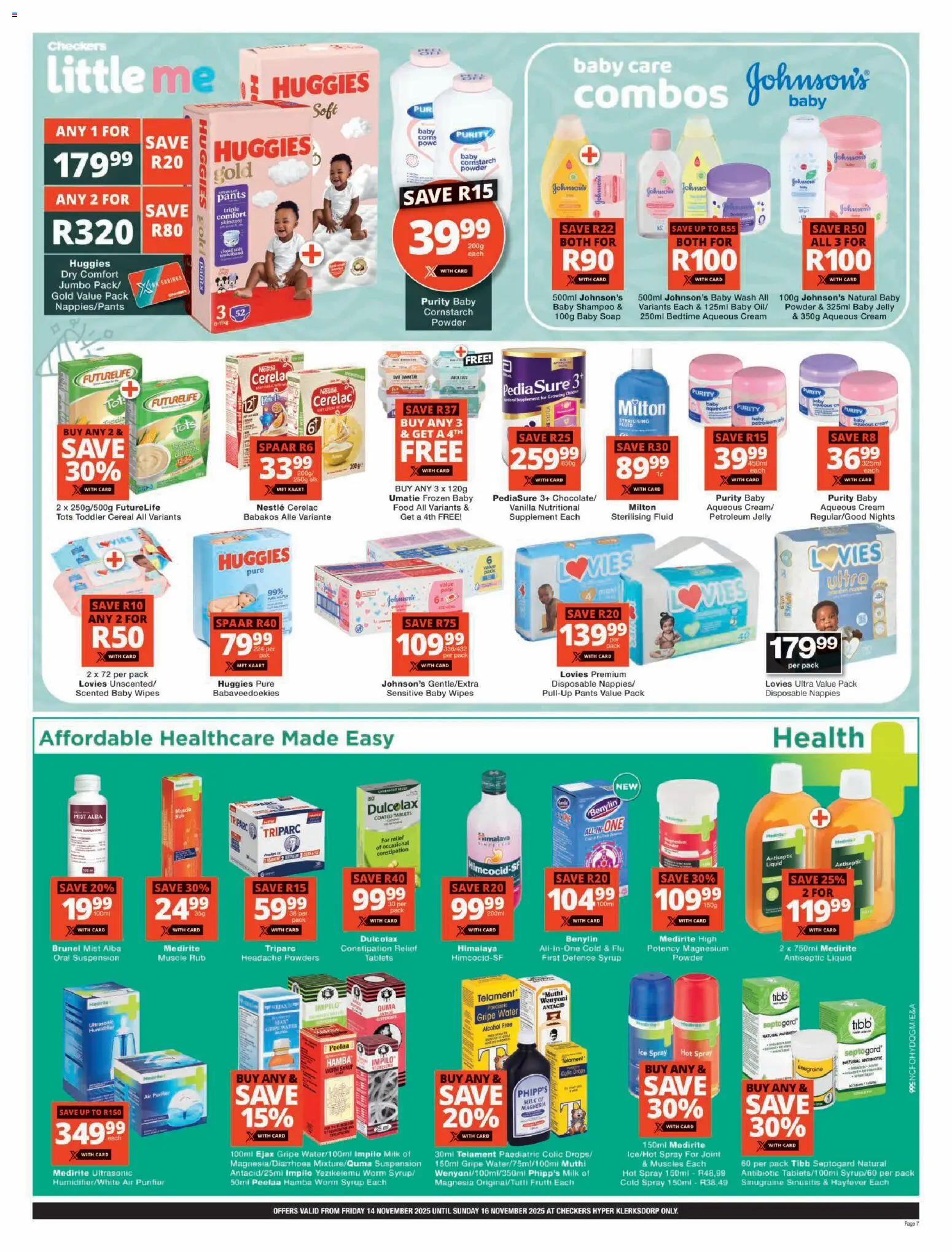 New Checkers catalogue – valid from 14.11.2025 | Page: 7 | Products: Air purifier, Antiseptic liquid, Syrup, Nappies