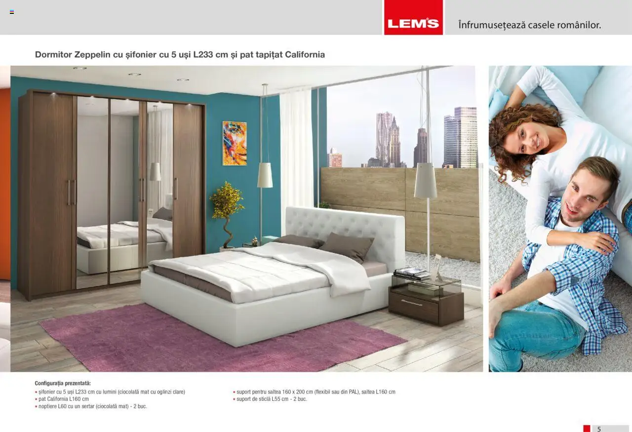 Lem’s catalog - Dormitor Zeppelin – valabil de la 17.11.2023 | Pagină: 5 | Produse: Pat, Saltea, Șifonier, Ciocolată