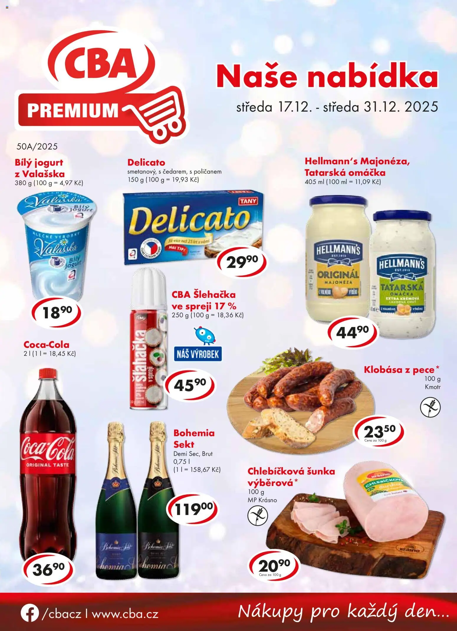 CBA leták - Premium od 17.12.2025 | Strana: 1 | Produkty: Jogurt, Klobása, Šlehačka, Tatarská omáčka