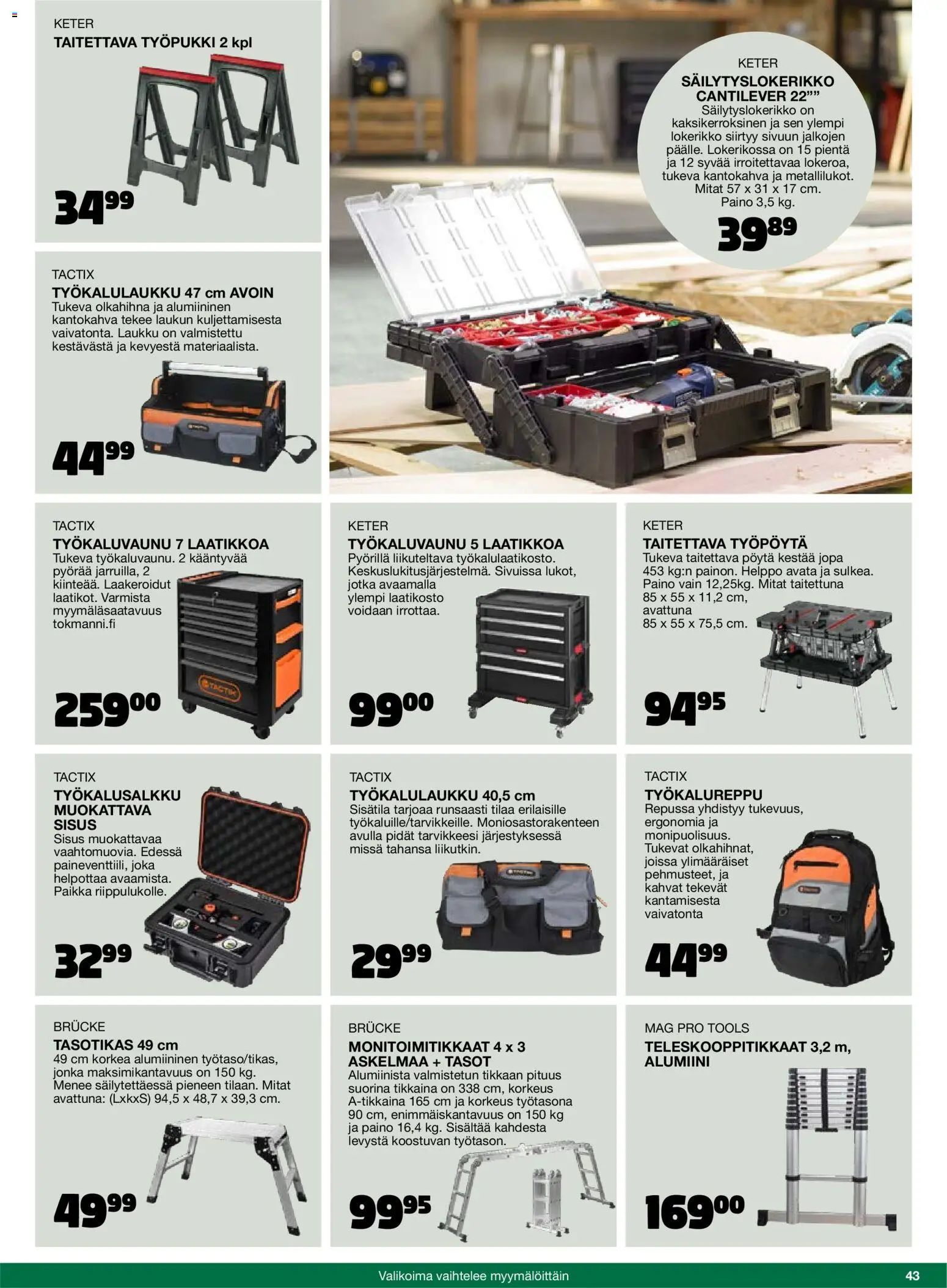 Tokmanni - 2025 Työkalukuvasto – voimassa 01.11.2025 alkaen | Sivu: 43 | Tuotteet: Laukku, Kantokahva, Pöytä, Työpöytä