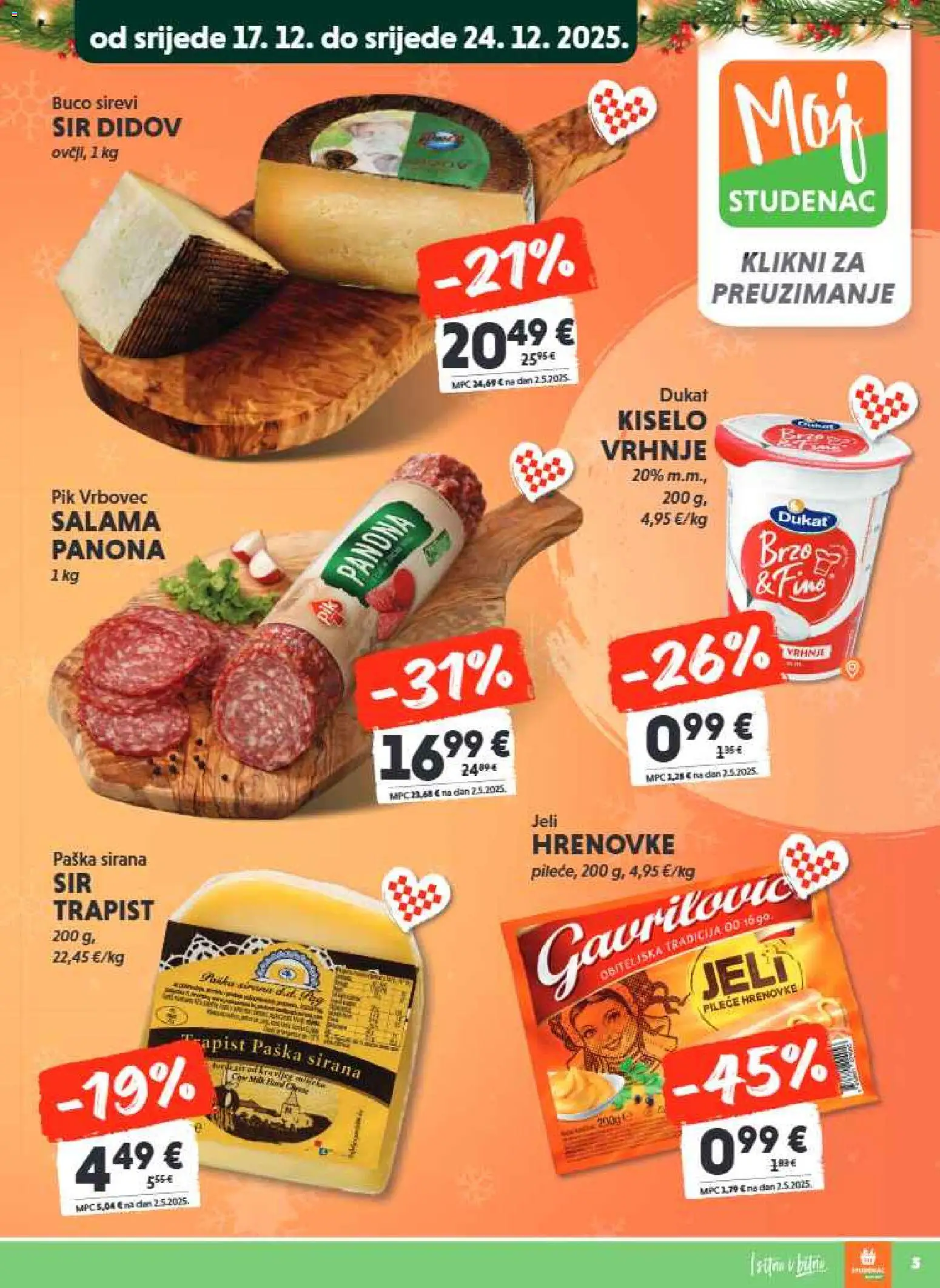 Studenac katalog | vrijedi od 17.12.2025 | Stranica: 5 | Proizvodi: Sir, Trapist, Kiselo vrhnje, Pik Vrbovec