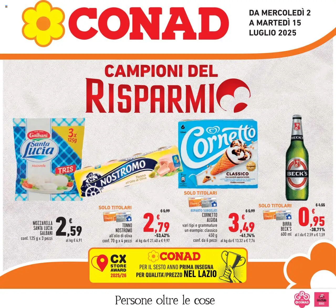 Volantino Conad del 02.07.2025 | Pagina: 1 | Prodotti: Birra, Cornetto, Mozzarella, Tonno