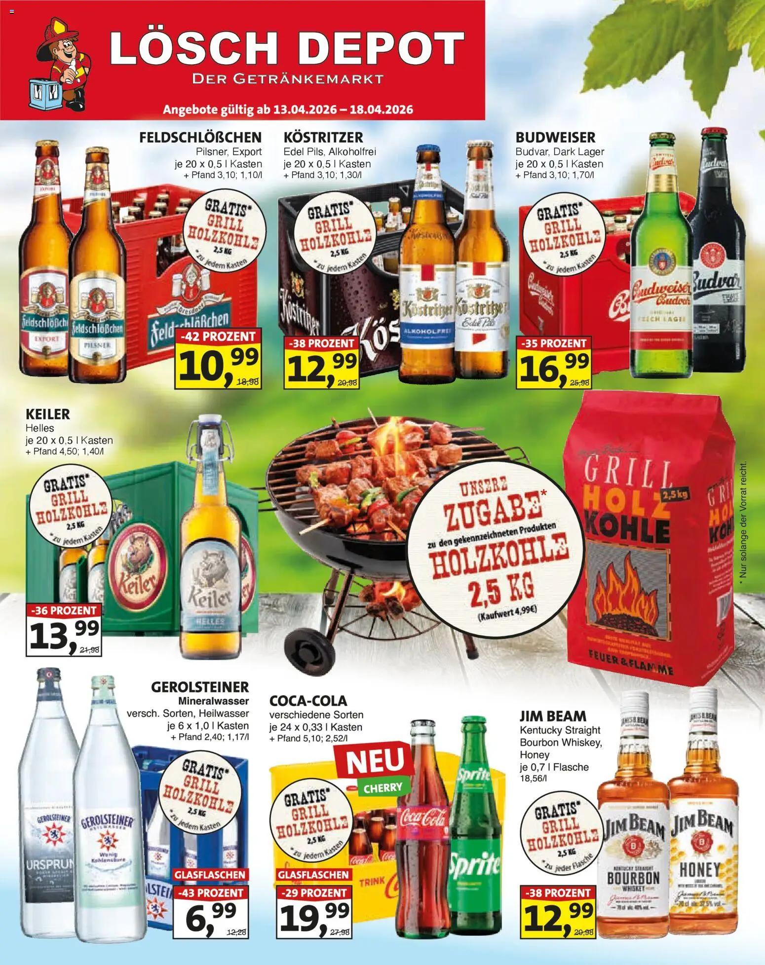Lösch Depot Prospekt – gültig ab 13.04.2026 | Seite: 1 | Produkte: Coca cola, Sprite, Mineralwasser, Budweiser