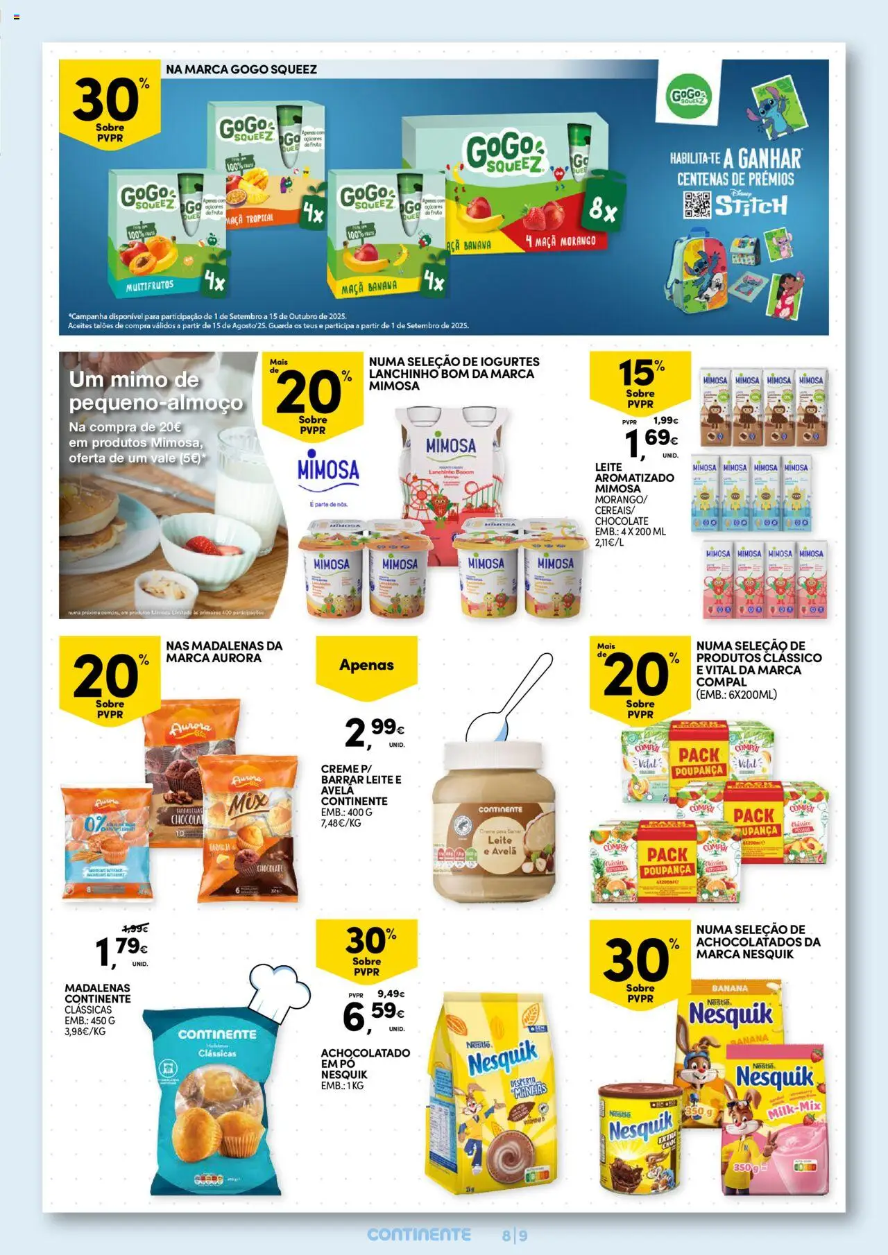 Continente Pequeno Almoço: Regressamos com energia │ válido de 19.08.2025 | Página: 9 | Produtos: Iogurtes, Nestlé, Chocolate, Creme