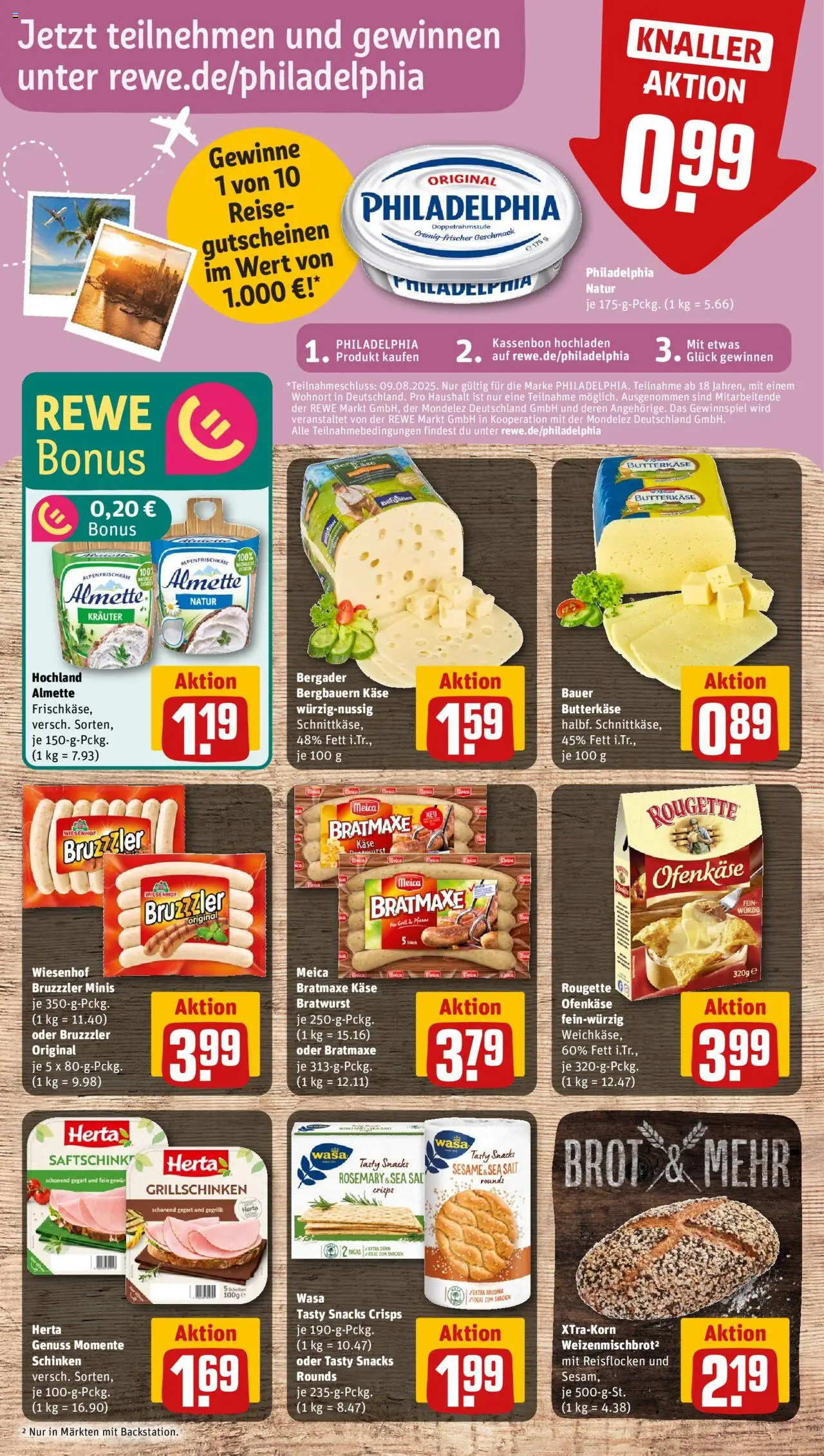 Rewe Prospekt 	 - gültig ab dem 04.08.2025 | Seite: 9 | Produkte: Käse, Philadelphia, Bratwurst, Meica