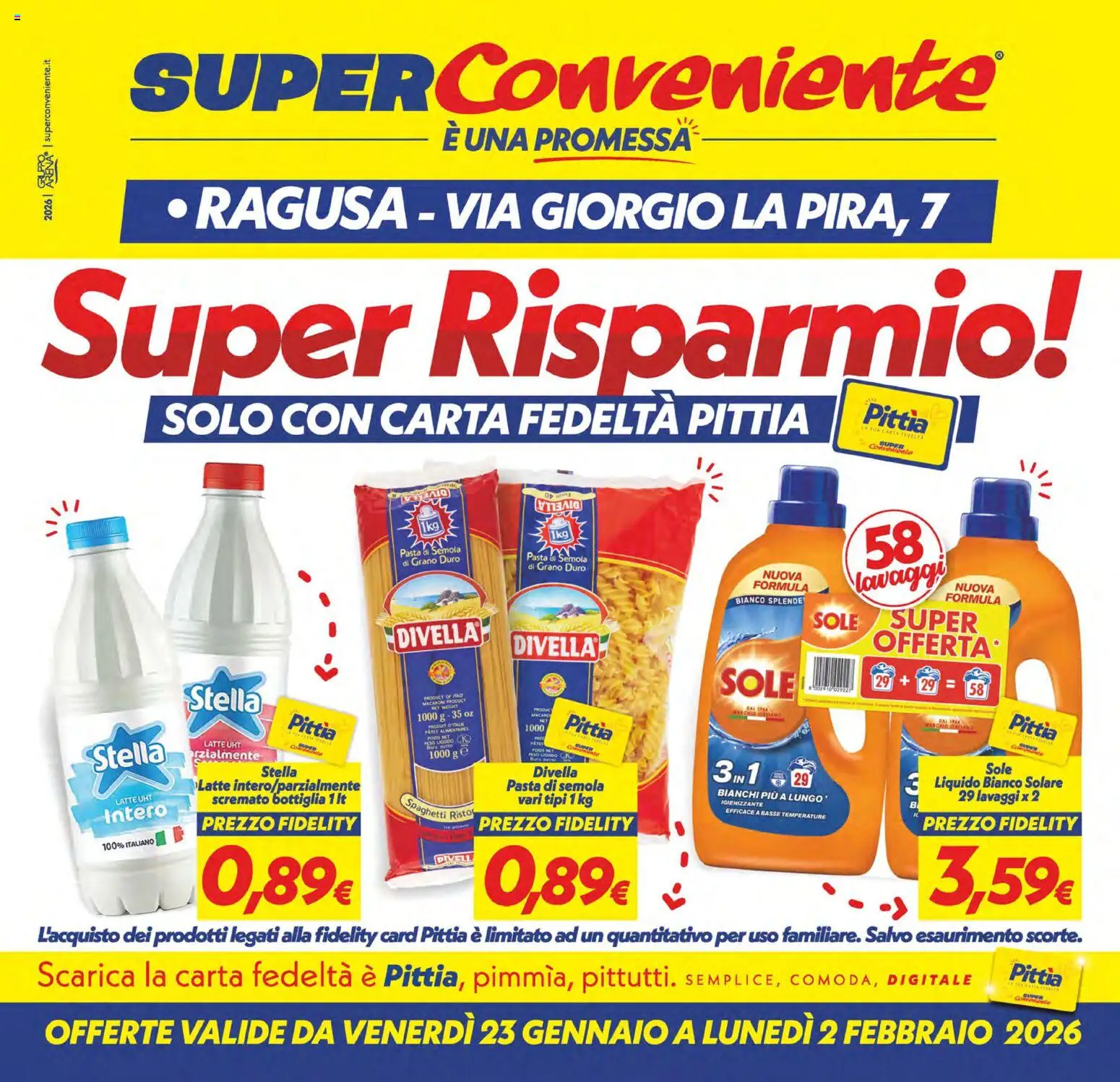 Volantino SuperConveniente del 23.01.2026 | Pagina: 1 | Prodotti: Latte, Pasta, Bottiglia
