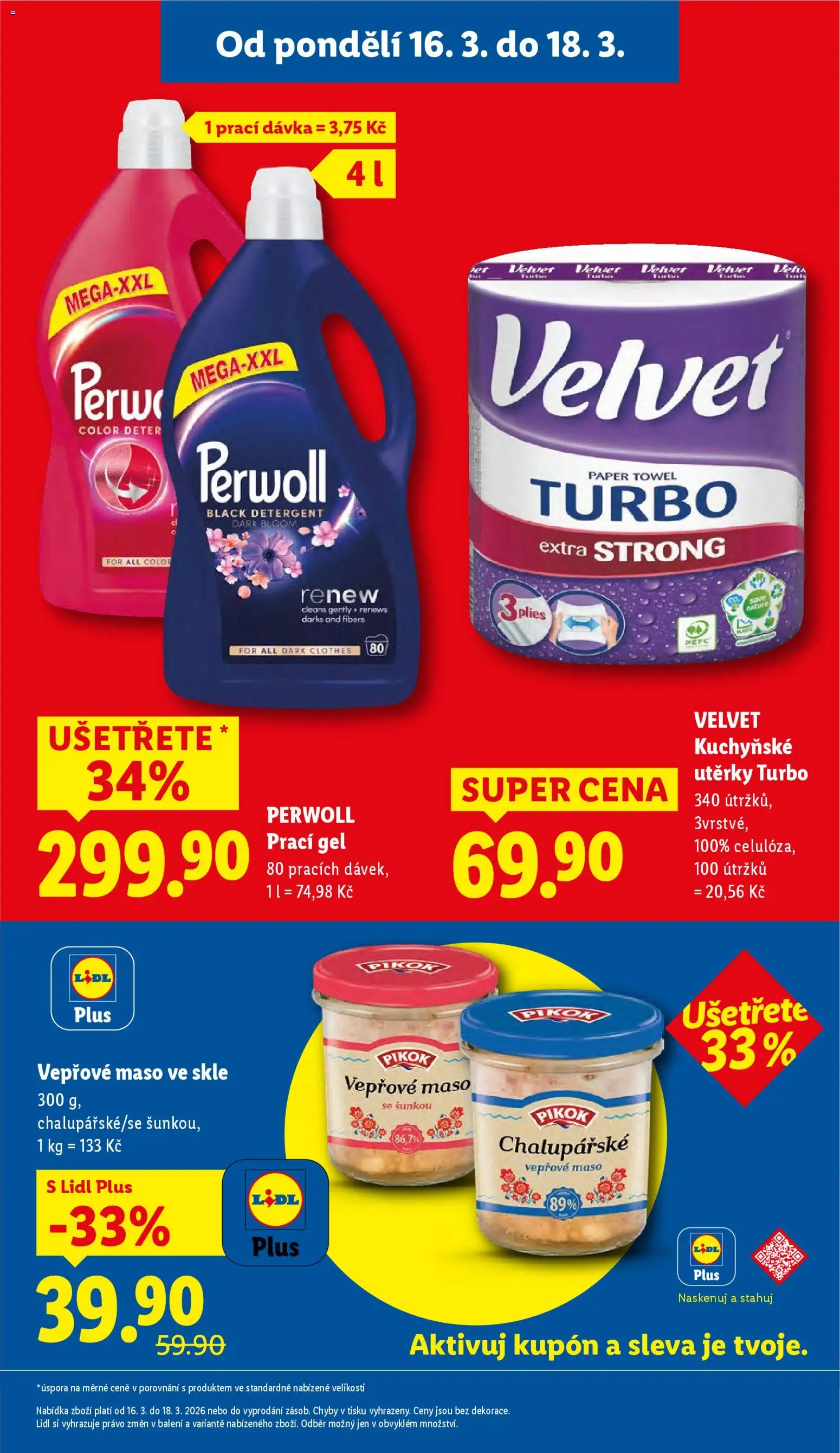 Lidl leták od 16.03.2026 | Strana: 3 | Produkty: Vepřové maso, Kuchyňské utěrky, Velvet, Maso