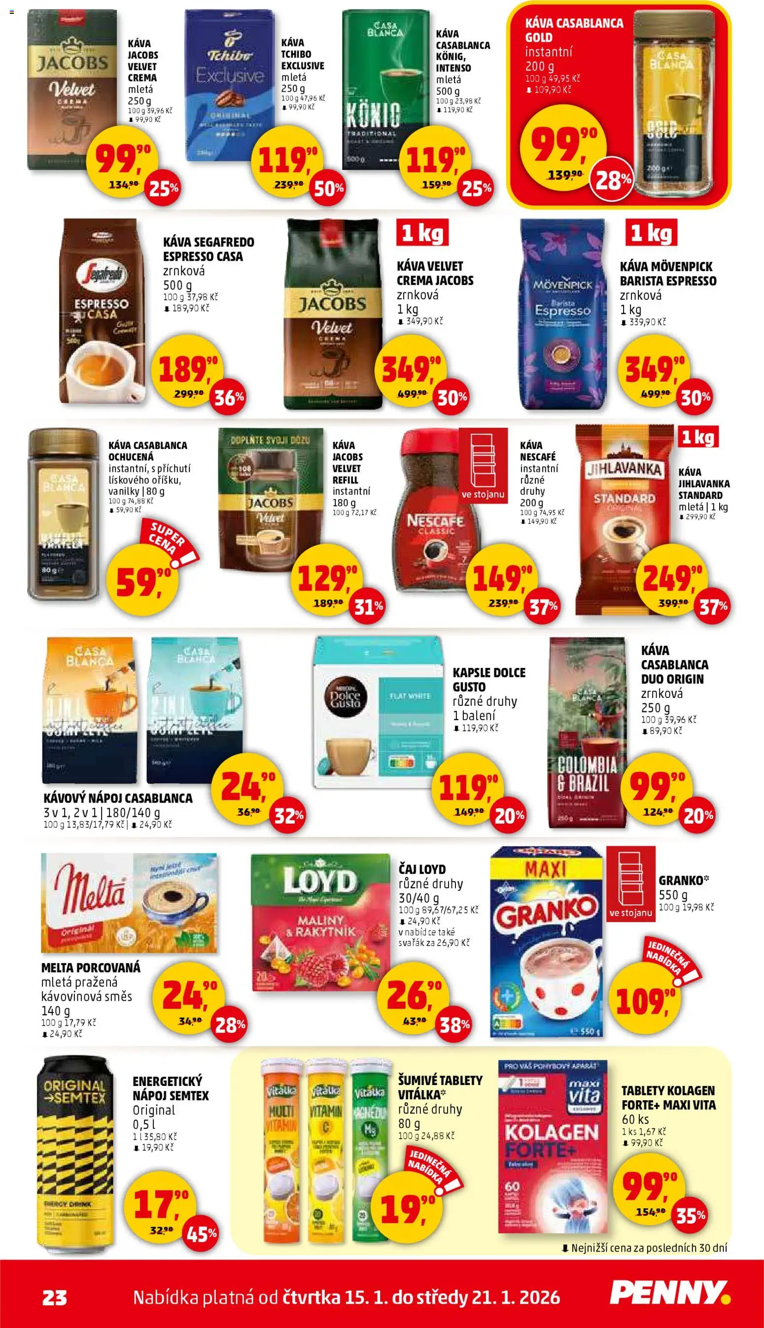 Penny Market leták - Čtvrtečník od 15.01.2026 | Strana: 23 | Produkty: Káva Velvet, Čaj, Kapsle, Jacobs