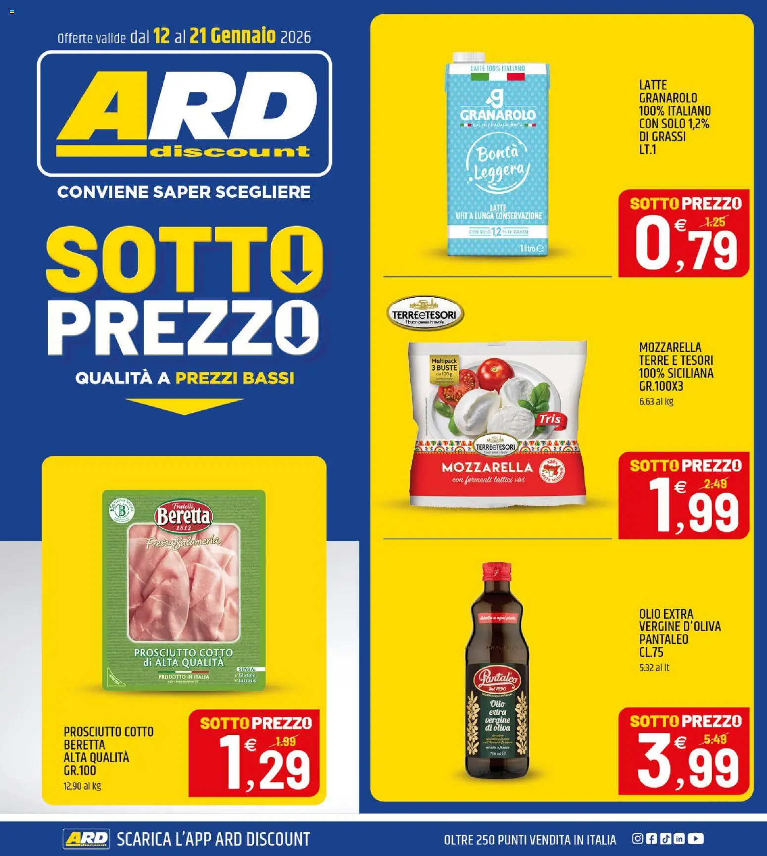 Volantino ARD Discount del 12.01.2026 | Pagina: 1 | Prodotti: Prosciutto Cotto, Mozzarella, Latte, Olio extra vergine