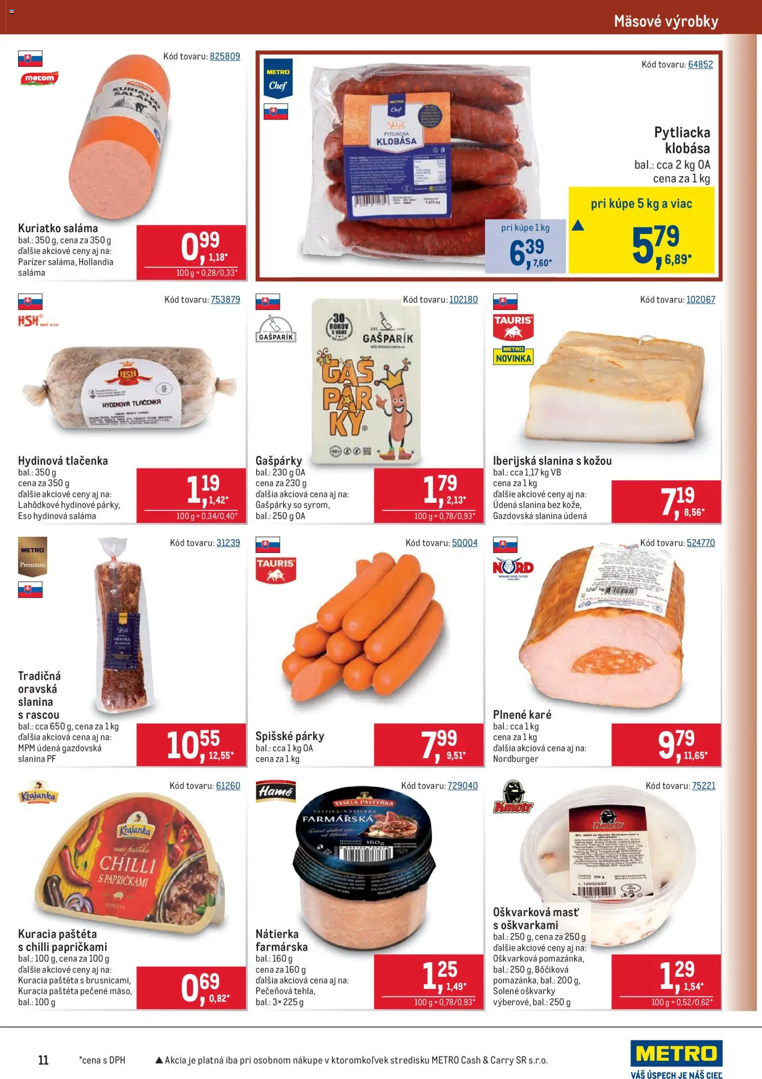 Nové Metro akcie – leták je platný od 11.03.2026 | Strana: 11 | Produkty: Slanina, Klobása, Chilli, Párky