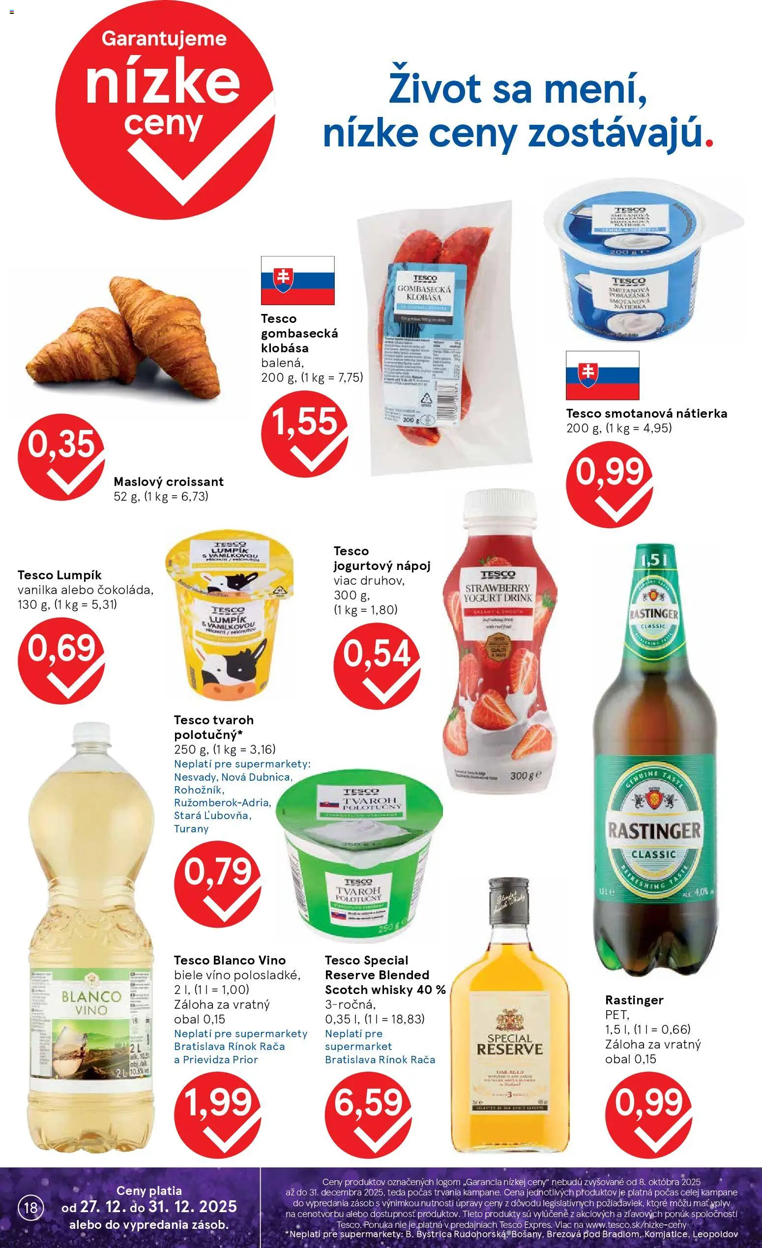 Nové Tesco akcie – leták je platný od 27.12.2025 | Strana: 18 | Produkty: Víno, Croissant, Klobása, Tvaroh